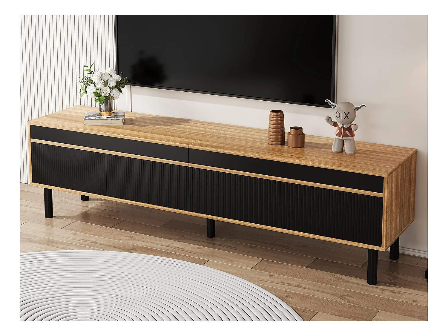 Meuble TV 170x38x47.7 cm - 3 portes - MDF + Panneaux de particules - Naturel + Noir