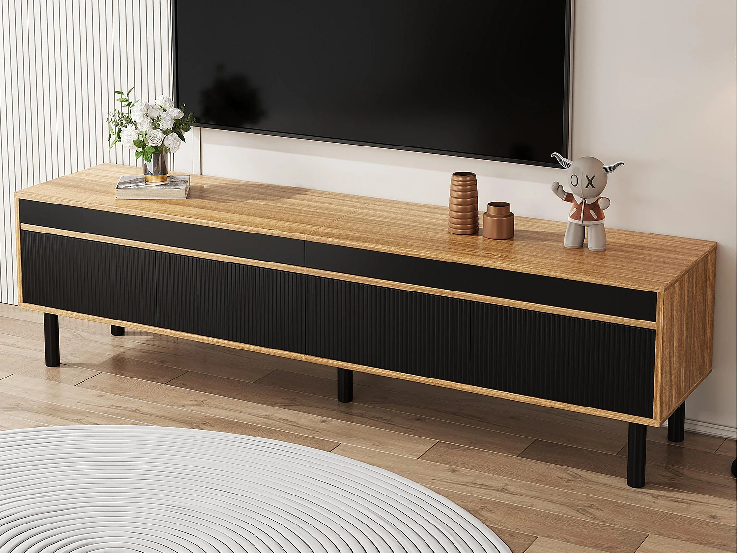 TV-Schrank 170×38×47,7 cm - 3 Türen - MDF + Spanplatte - natur + schwarz