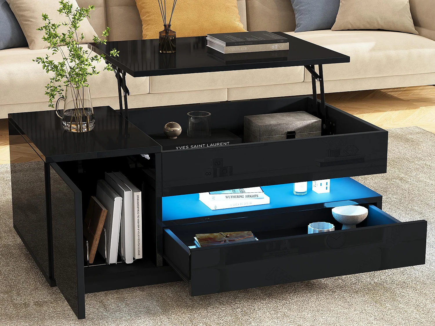 Tavolino regolabile 95×50×34,5 cm - Finitura lucida - 1 cassetto e 1 anta - Illuminazione LED - Nero