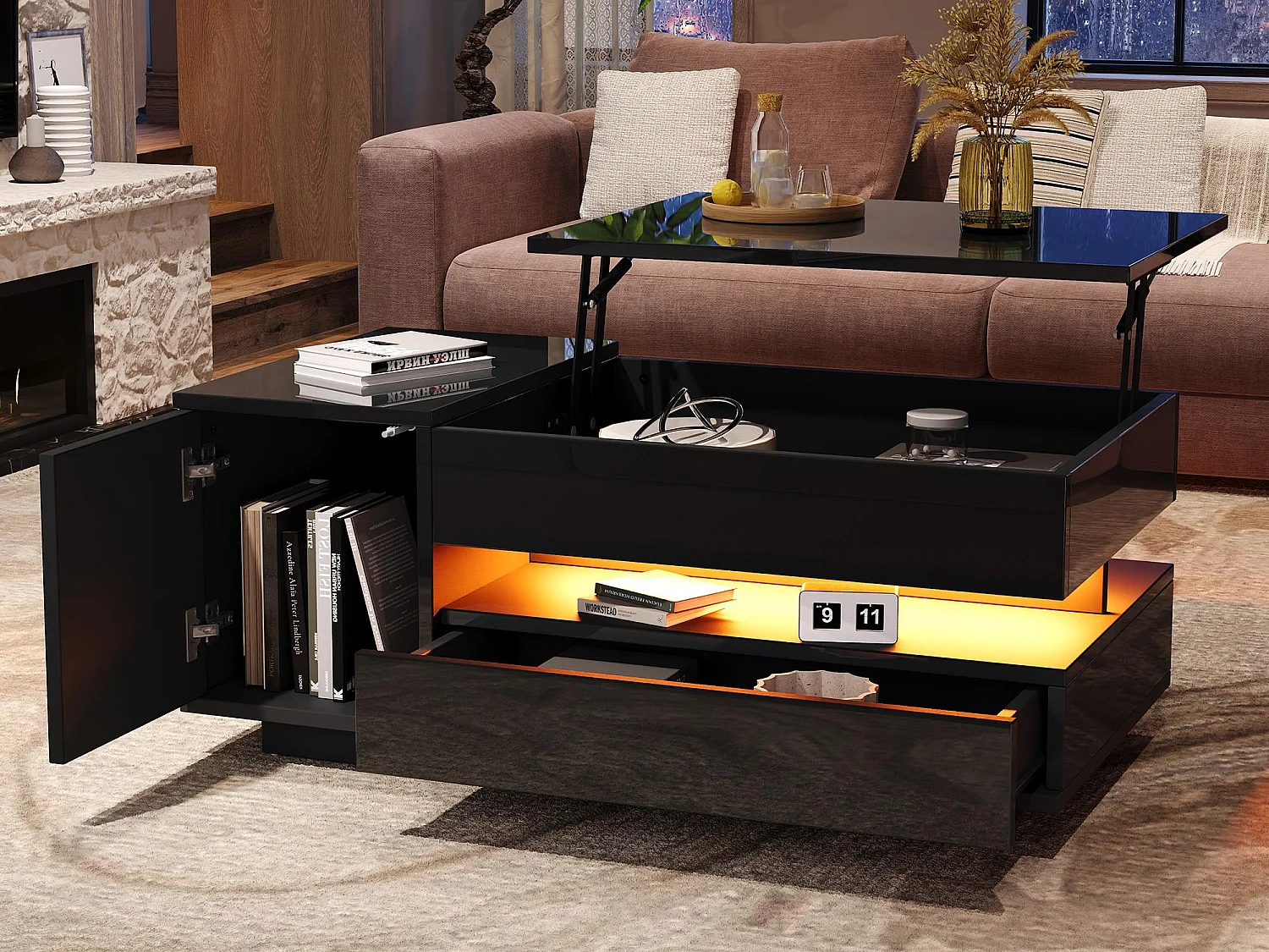 Tavolino regolabile 95×50×34,5 cm - Finitura lucida - 1 cassetto e 1 anta - Illuminazione LED - Nero