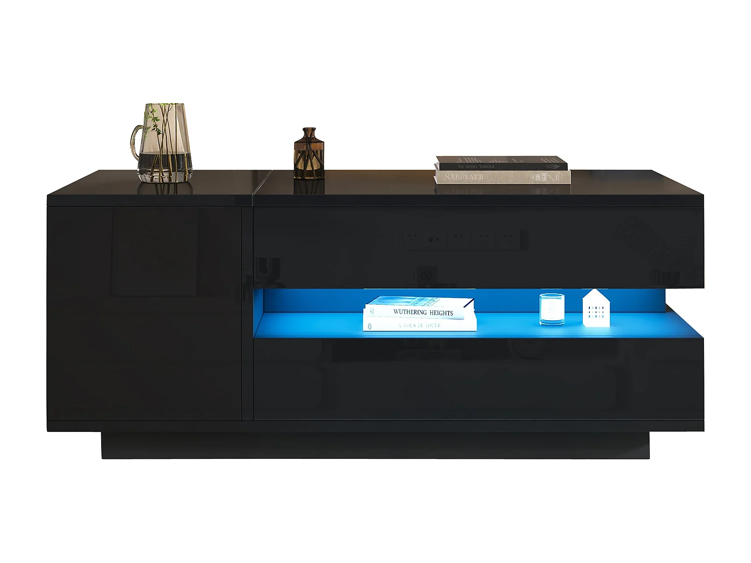 Tavolino regolabile 95×50×34,5 cm - Finitura lucida - 1 cassetto e 1 anta - Illuminazione LED - Nero