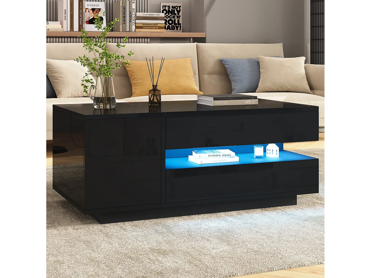 Table basse relevable 95x50x40 cm - Finition brillante - 1 tiroir et 1 porte - Éclairage LED - Noir