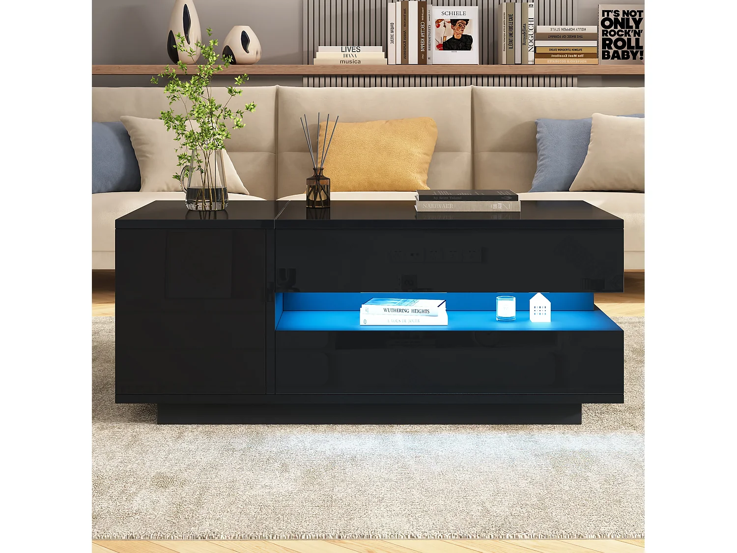Table basse relevable 95x50x40 cm - Finition brillante - 1 tiroir et 1 porte - Éclairage LED - Noir