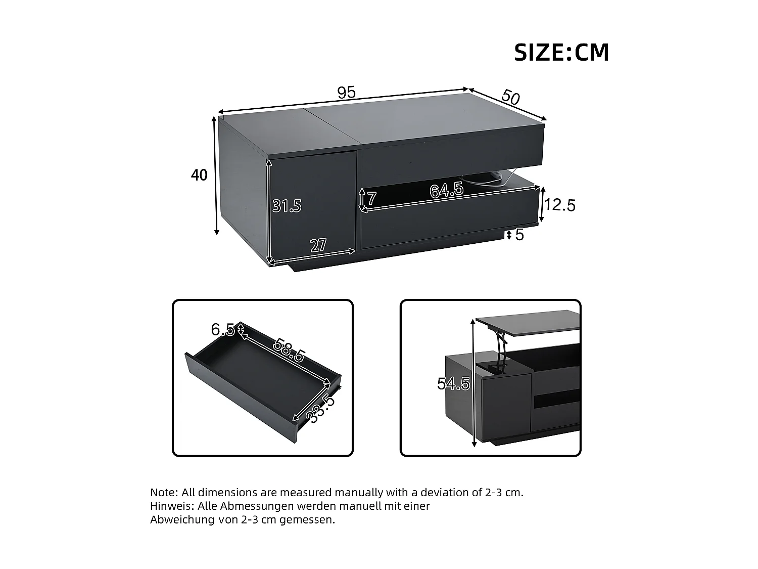 Table basse relevable 95x50x40 cm - Finition brillante - 1 tiroir et 1 porte - Éclairage LED - Noir