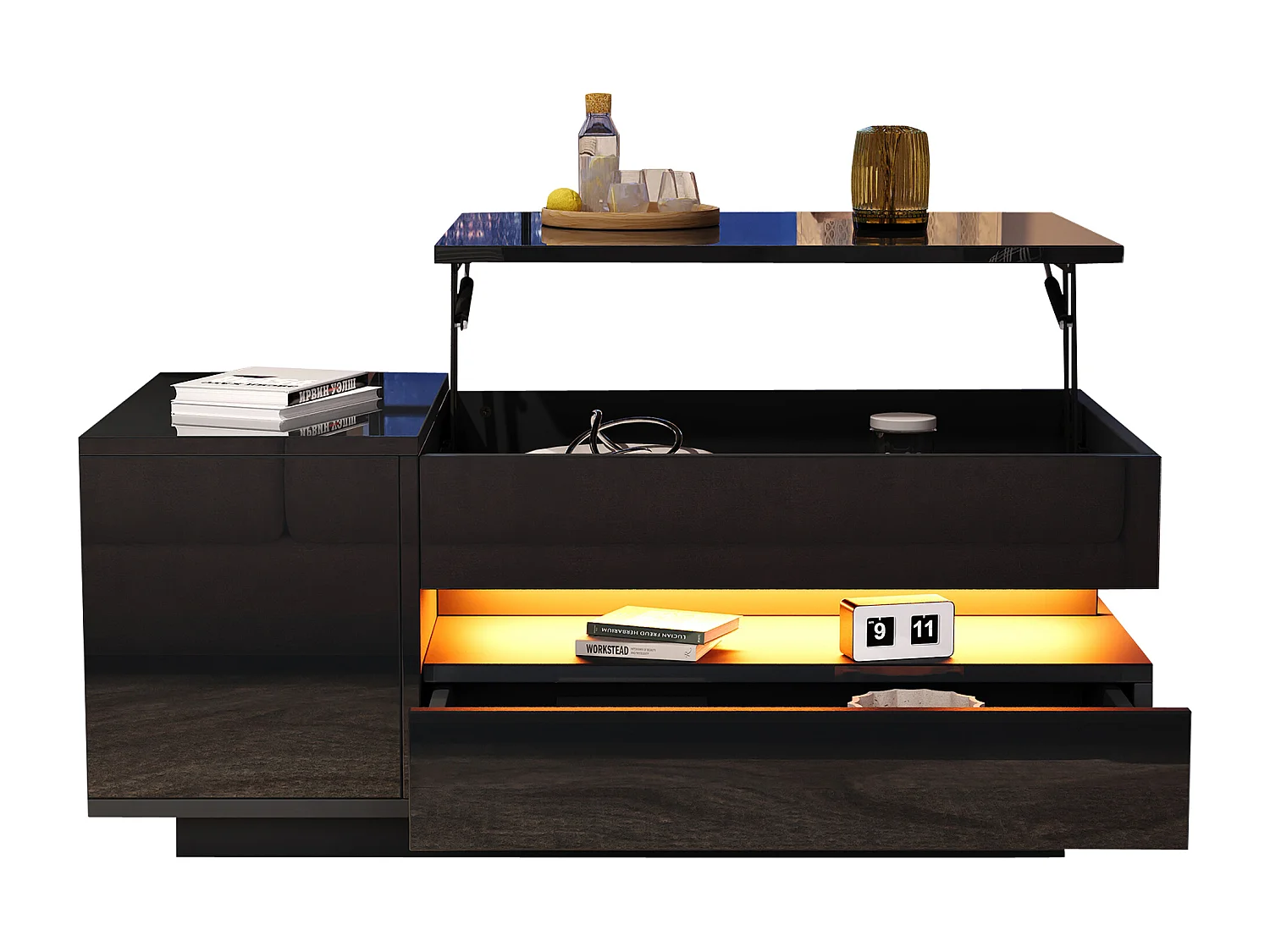 Table basse relevable 95x50x34.5 cm - Finition brillante - 1 tiroir et 1 porte - Éclairage LED - Noir