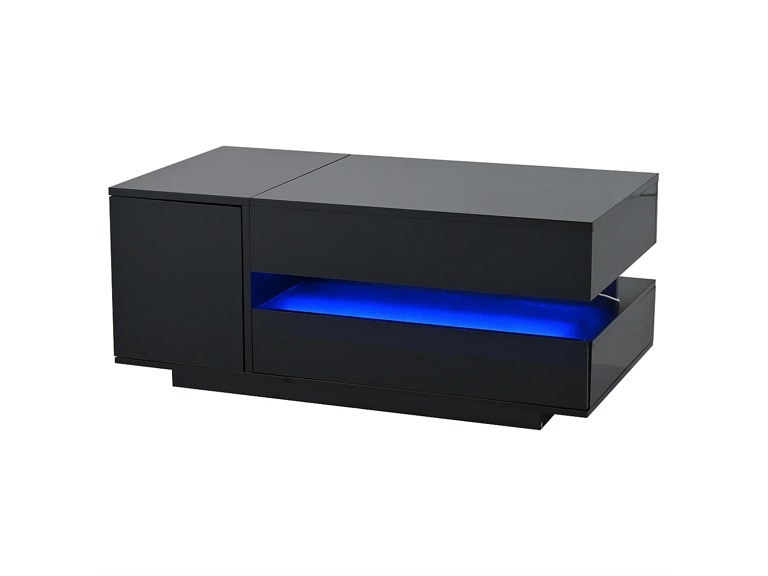 Table basse relevable 95x50x34.5 cm - Finition brillante - 1 tiroir et 1 porte - Éclairage LED - Noir
