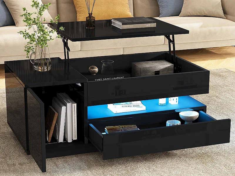 Tavolino regolabile 95×50×34,5 cm - Finitura lucida - 1 cassetto e 1 anta - Illuminazione LED - Nero