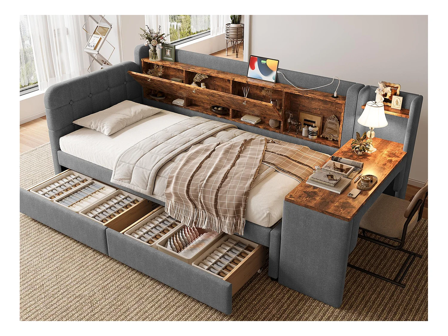 Canapé-lit 90x200 cm - avec 2 tiroirs - avec bureau - avec ports USB + Type C - compartiment de rangement - Gris (matelas non inclus)