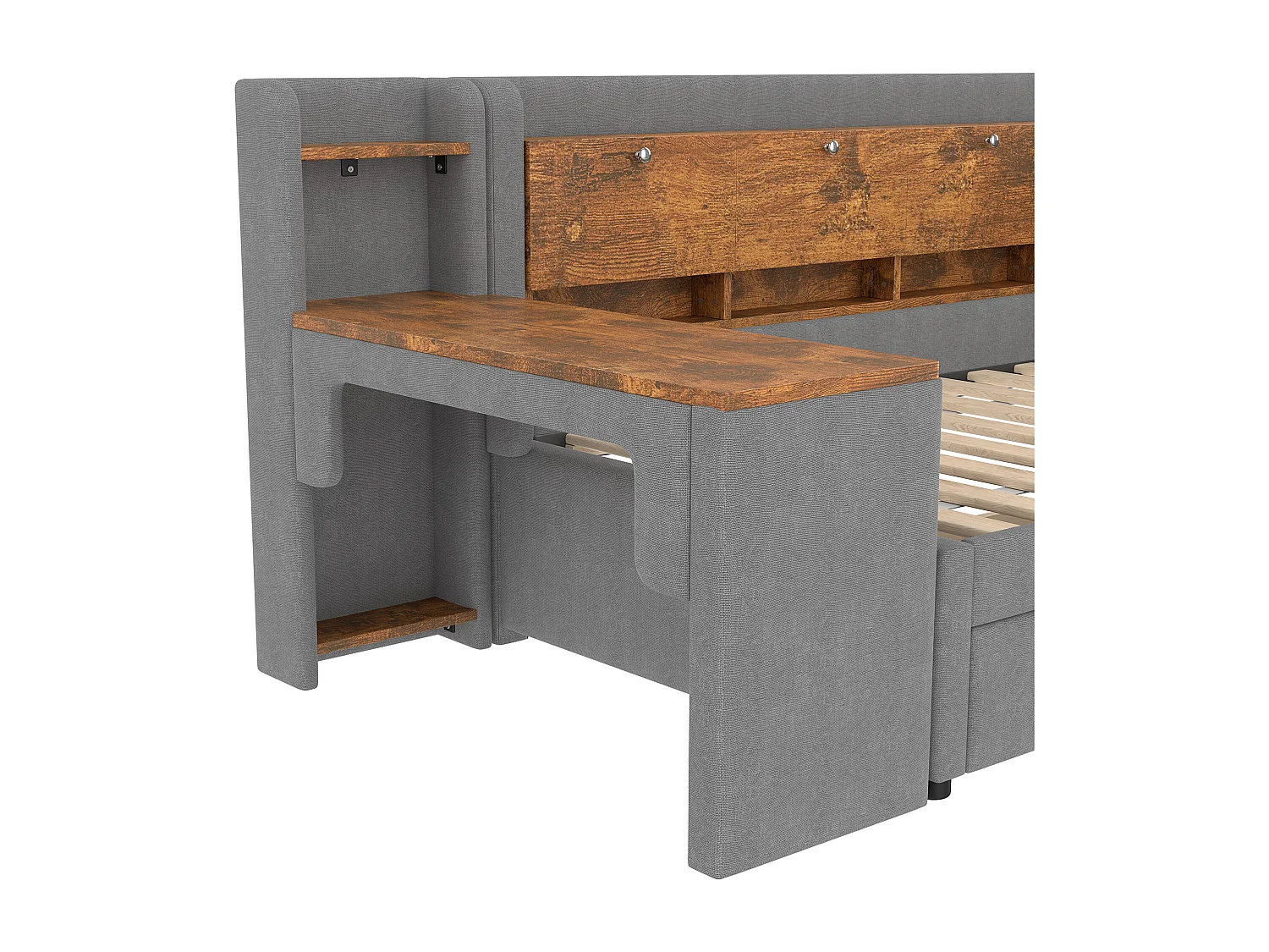 Canapé-lit 90x200 cm - avec 2 tiroirs - avec bureau - avec ports USB + Type C - compartiment de rangement - Gris (matelas non inclus)