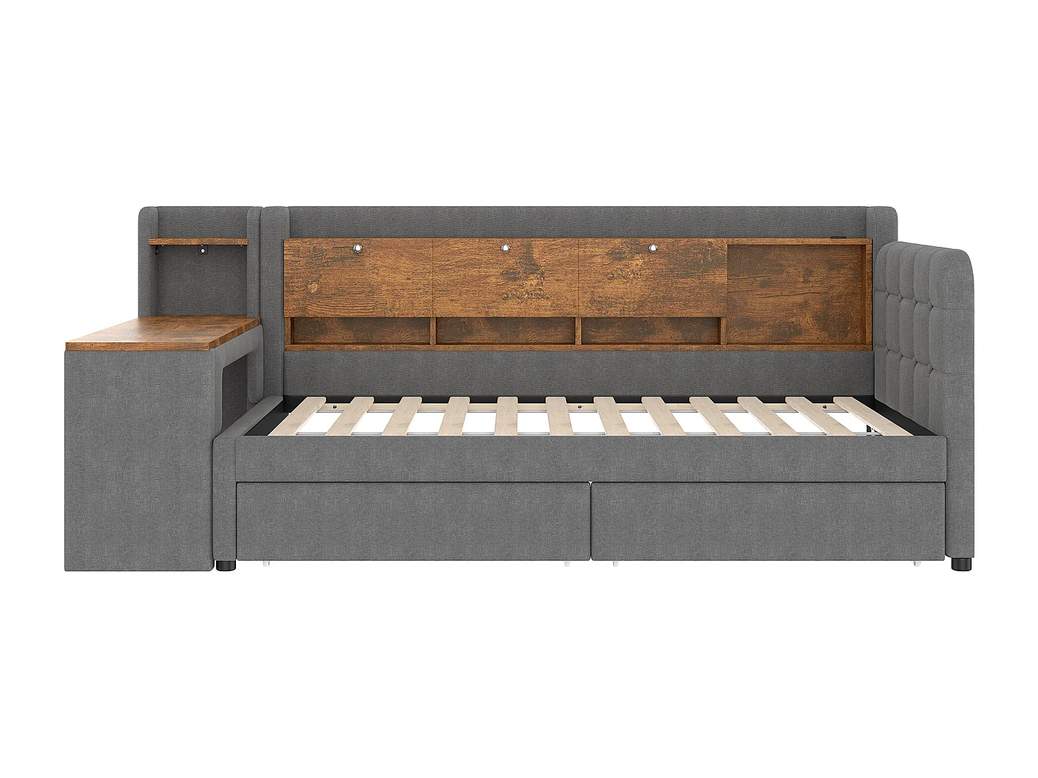 Canapé-lit 90x200 cm - avec 2 tiroirs - avec bureau - avec ports USB + Type C - compartiment de rangement - Gris (matelas non inclus)