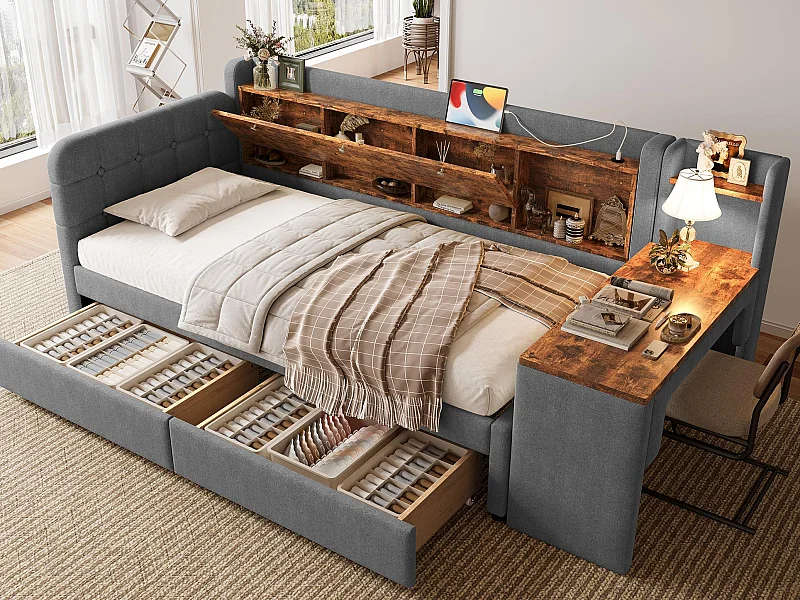 Canapé-lit 90x200 cm - avec 2 tiroirs - avec bureau - avec ports USB + Type C - compartiment de rangement - Gris (matelas non inclus)