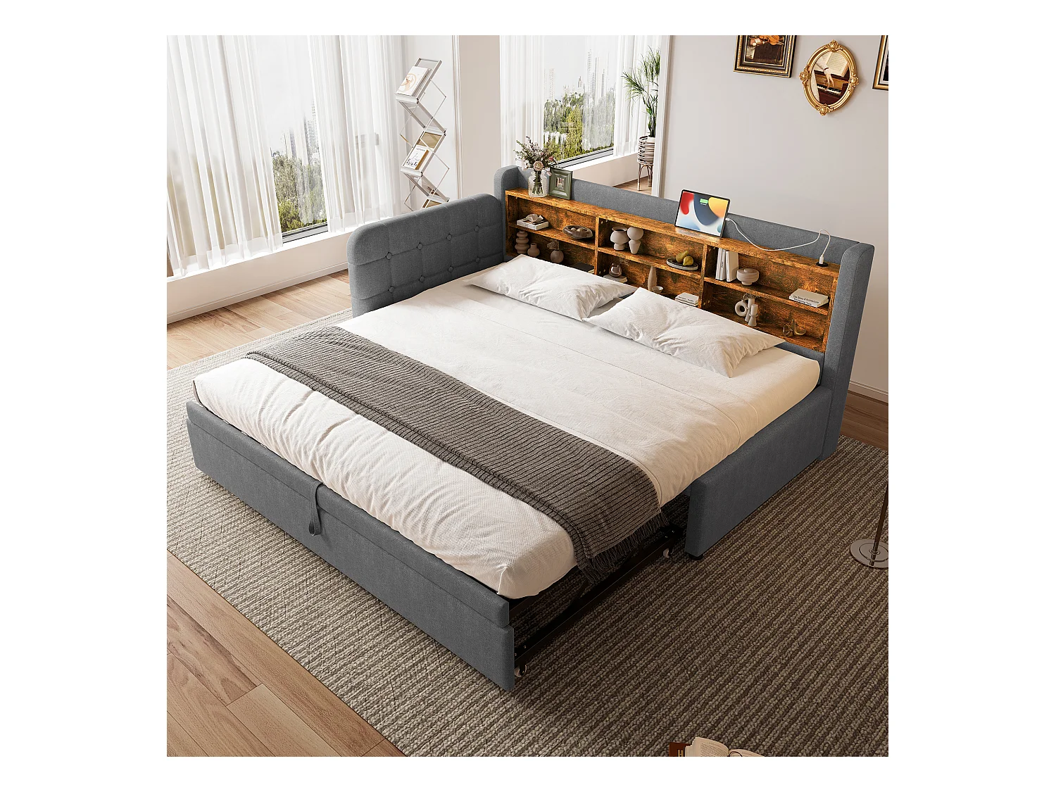 Sofá-cama 90×200 cm - com cama extra - porta USB + Type C - com prateleira de armazenamento - linho - cinza (colchão não incluído)