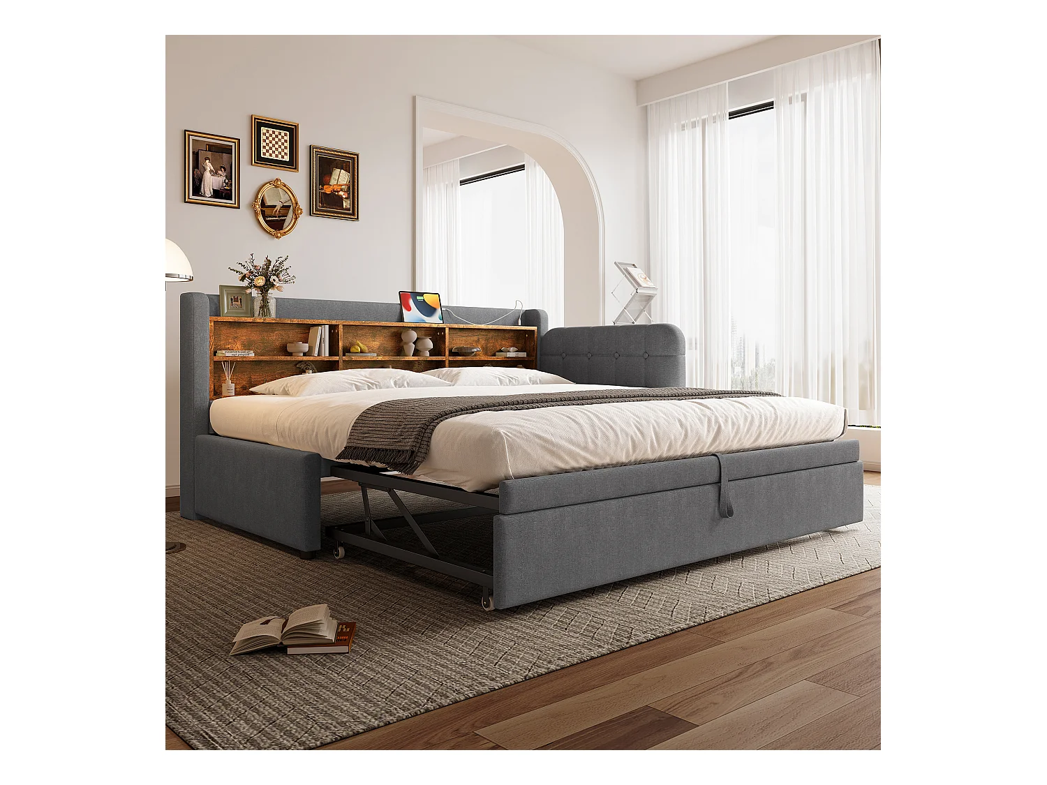 Sofá-cama 90×200 cm - com cama extra - porta USB + Type C - com prateleira de armazenamento - linho - cinza (colchão não incluído)