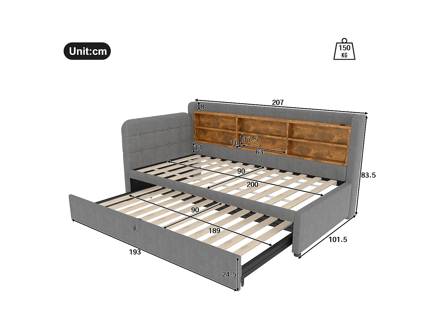 Sofá-cama 90×200 cm - com cama extra - porta USB + Type C - com prateleira de armazenamento - linho - cinza (colchão não incluído)