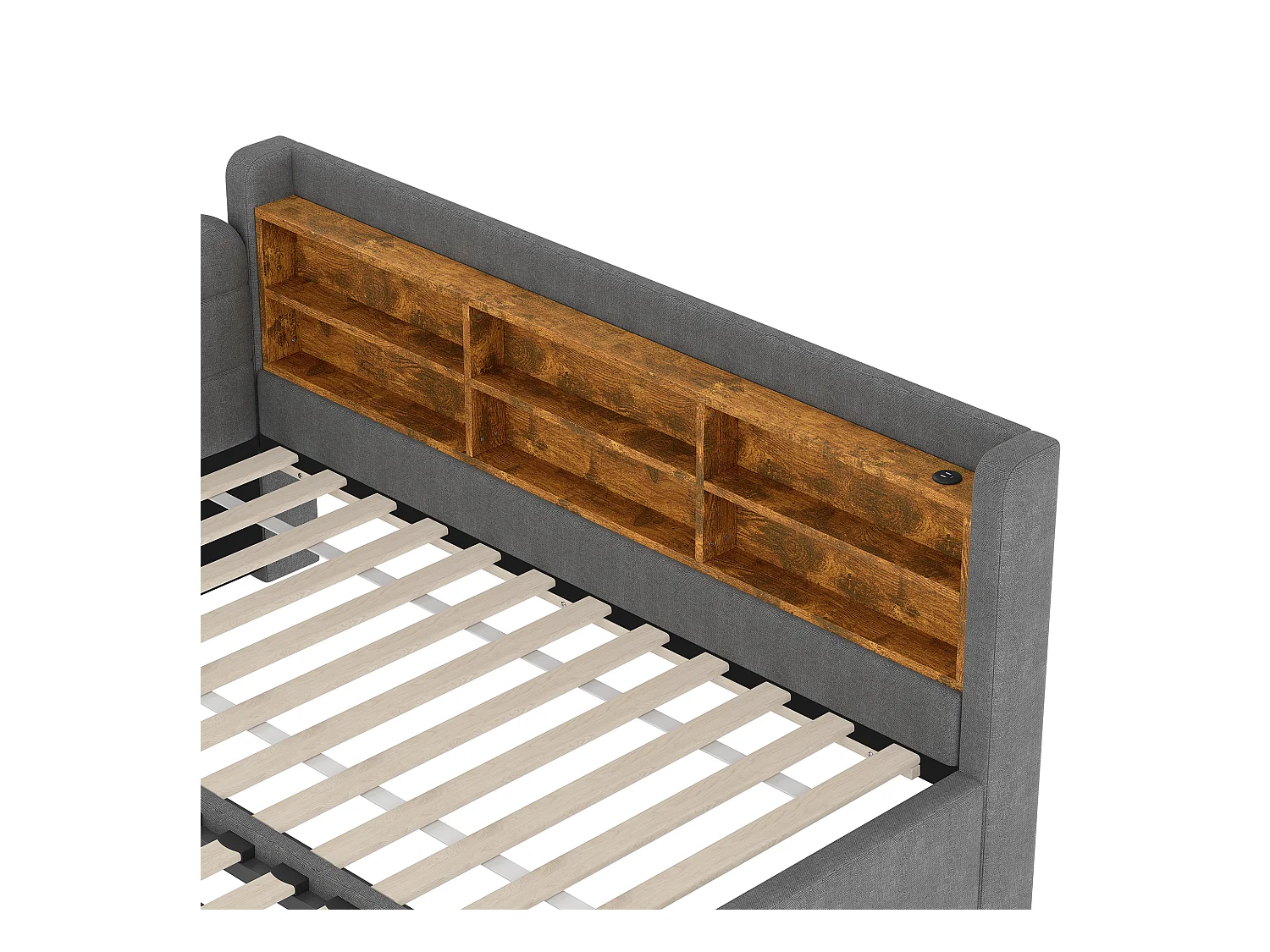 Sofá-cama 90×200 cm - com cama extra - porta USB + Type C - com prateleira de armazenamento - linho - cinza (colchão não incluído)