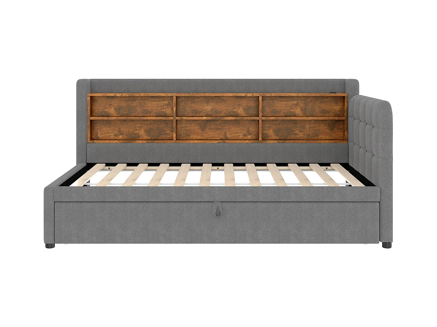 Sofá-cama 90×200 cm - com cama extra - porta USB + Type C - com prateleira de armazenamento - linho - cinza (colchão não incluído)