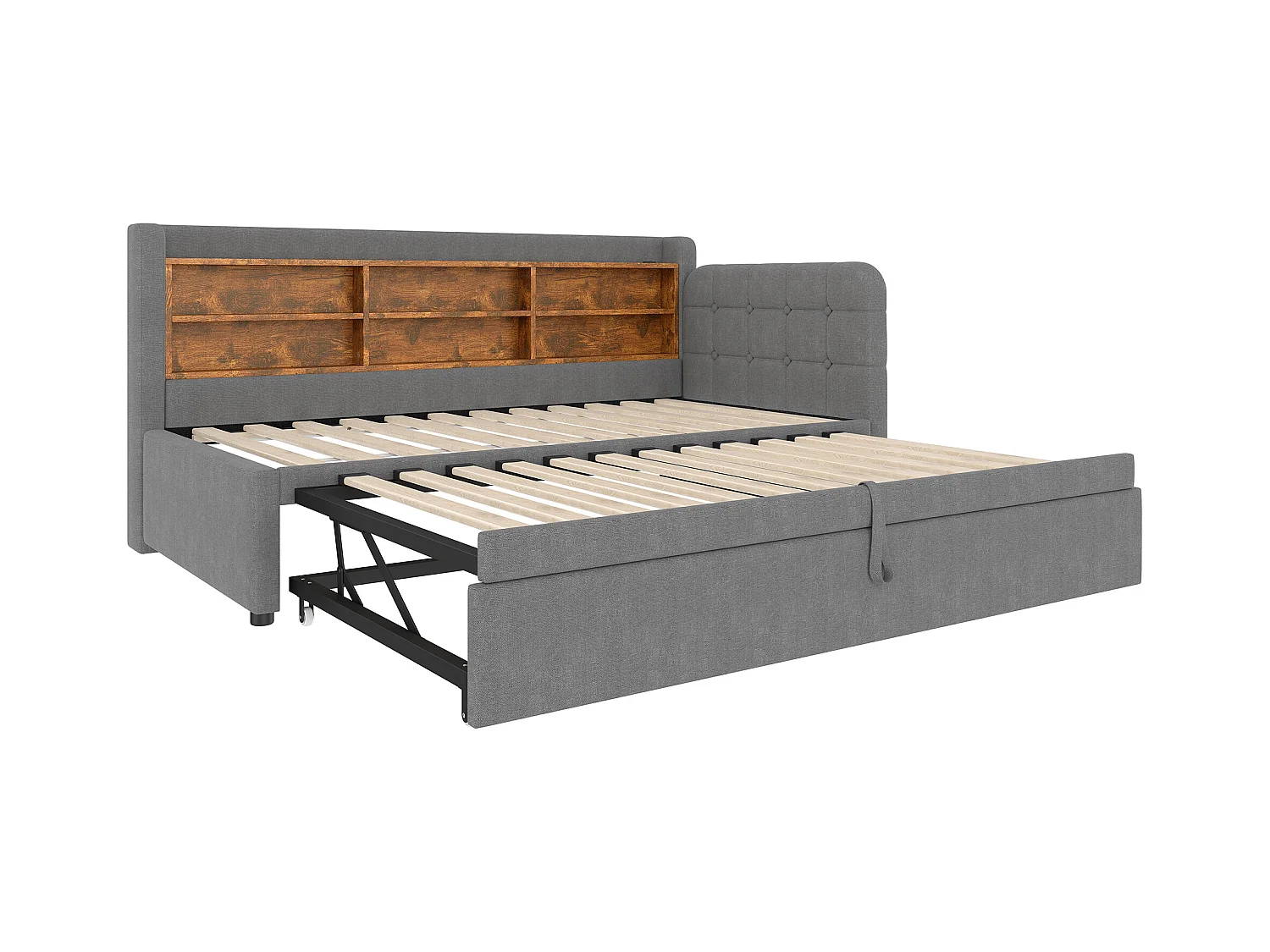Sofá-cama 90×200 cm - com cama extra - porta USB + Type C - com prateleira de armazenamento - linho - cinza (colchão não incluído)
