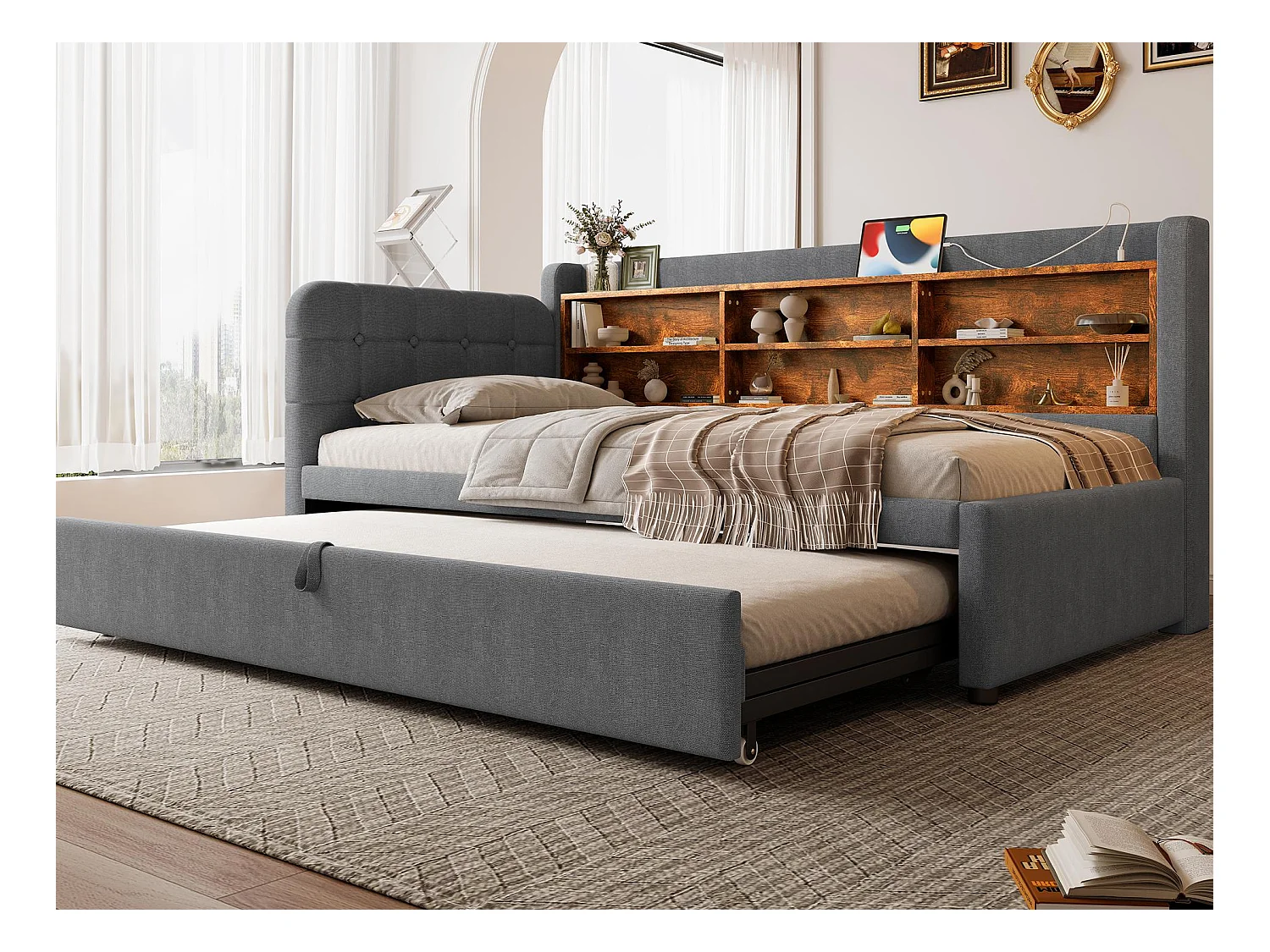 Slaapbank 90×200 cm - met opbergbed - USB + Type-C aansluiting - met plank - linnen - grijs (matras niet inbegrepen)