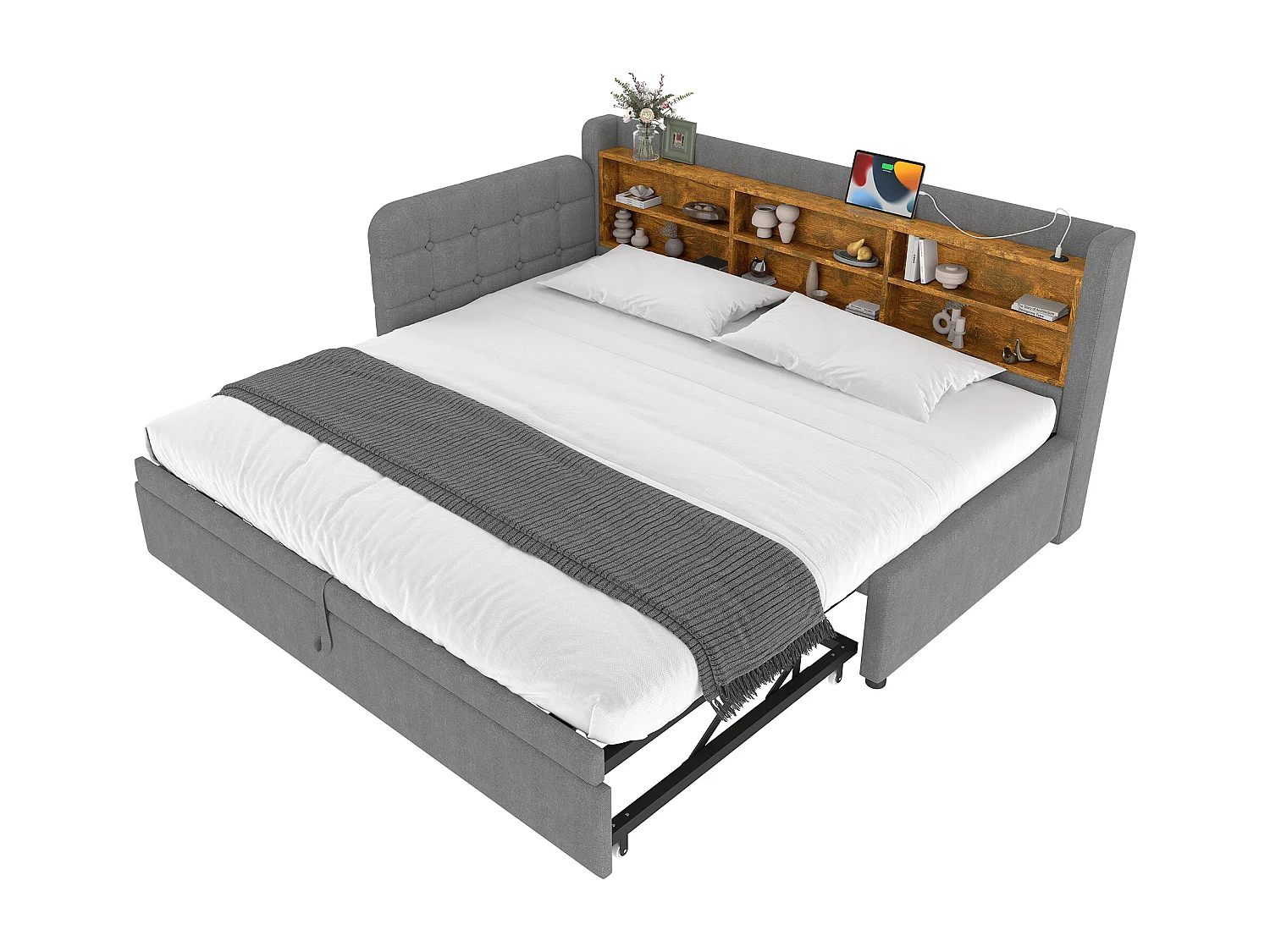 Schlafsofa 90×200 cm - mit Ausziehbett - USB + Type-C Anschluss - mit Ablageregal - Leinen - grau (Matratze nicht inbegriffen)