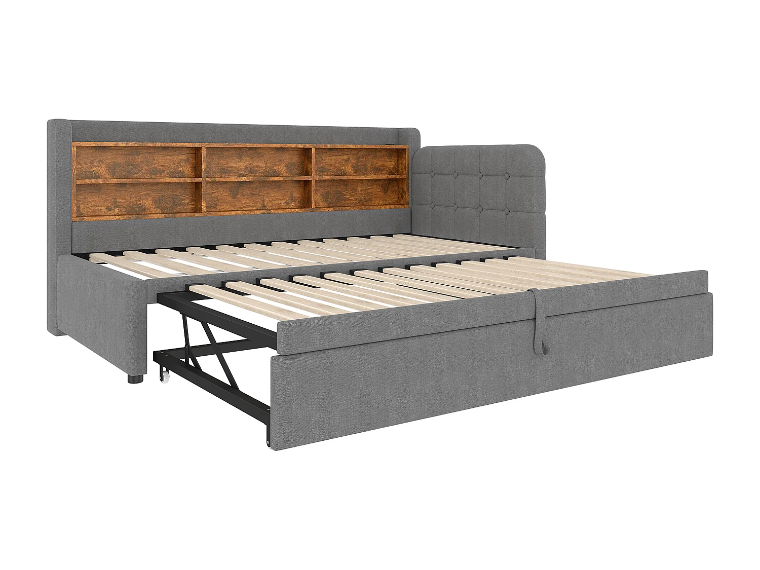 Schlafsofa 90×200 cm - mit Ausziehbett - USB + Type-C Anschluss - mit Ablageregal - Leinen - grau (Matratze nicht inbegriffen)