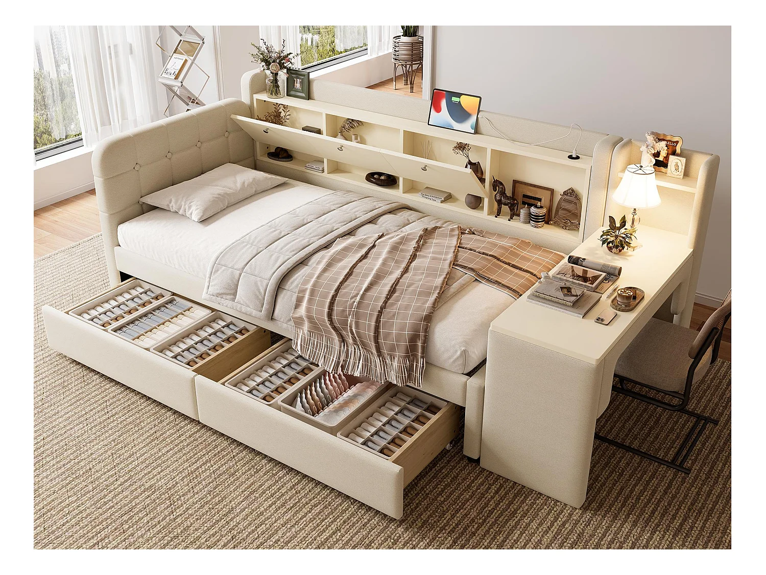 Canapé-lit 90x200 cm - avec 2 tiroirs - avec bureau - avec ports USB + Type C - compartiment de rangement - Beige (matelas non inclus)