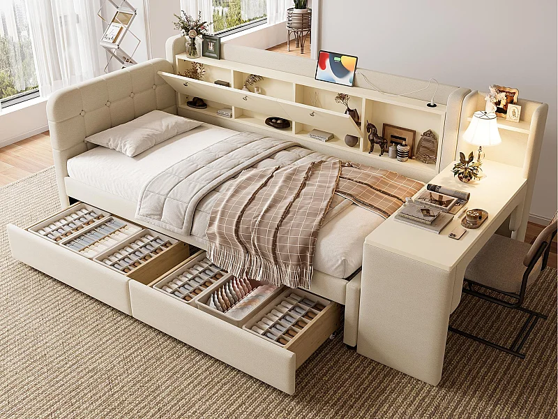 Canapé-lit 90x200 cm - avec 2 tiroirs - avec bureau - avec ports USB + Type C - compartiment de rangement - Beige (matelas non inclus)