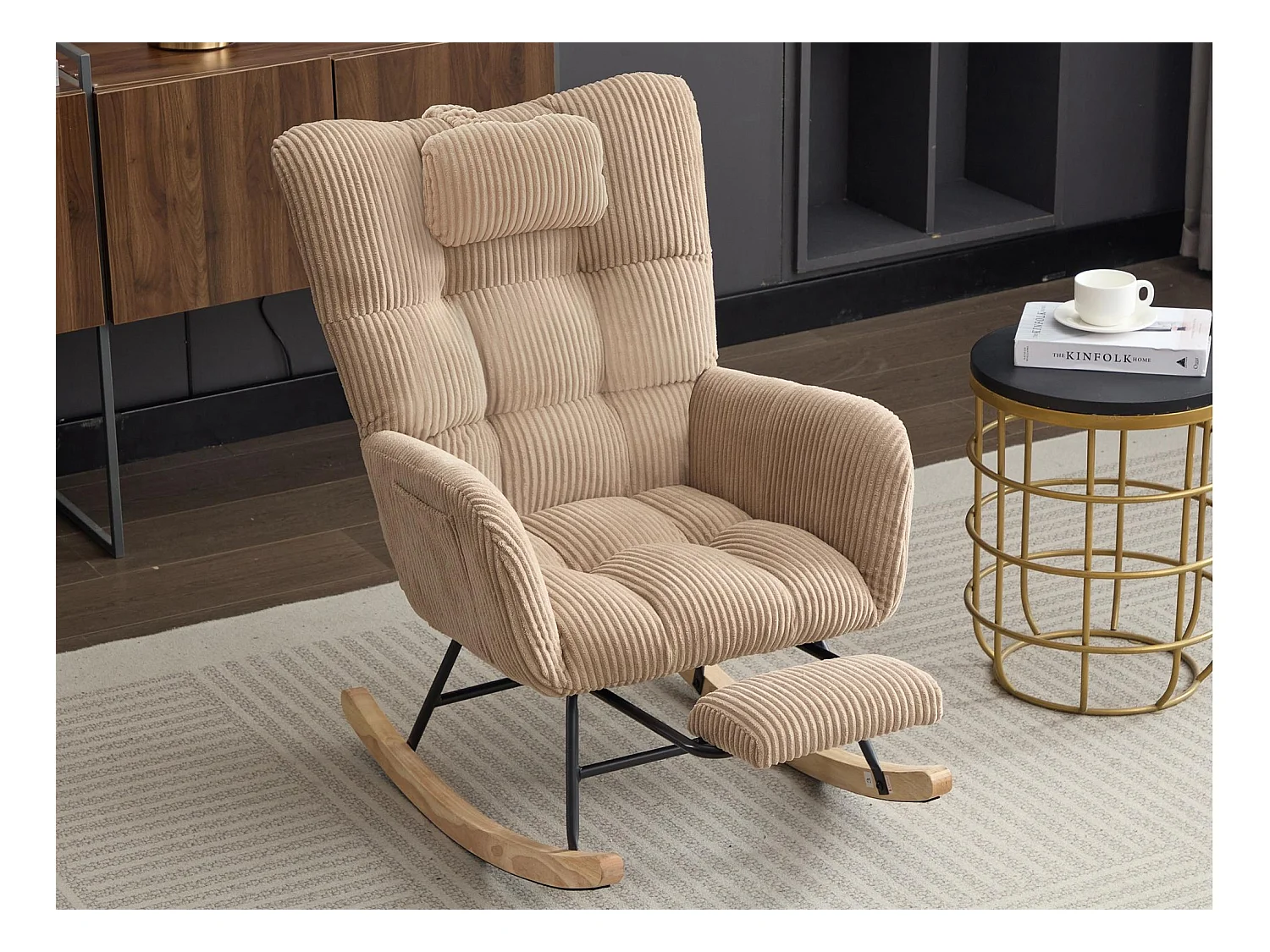 Fauteuil à bascule 102 x 65 x 92 cm - assise rembourrée - Dossier haut - avec coussin de nuque - Marron