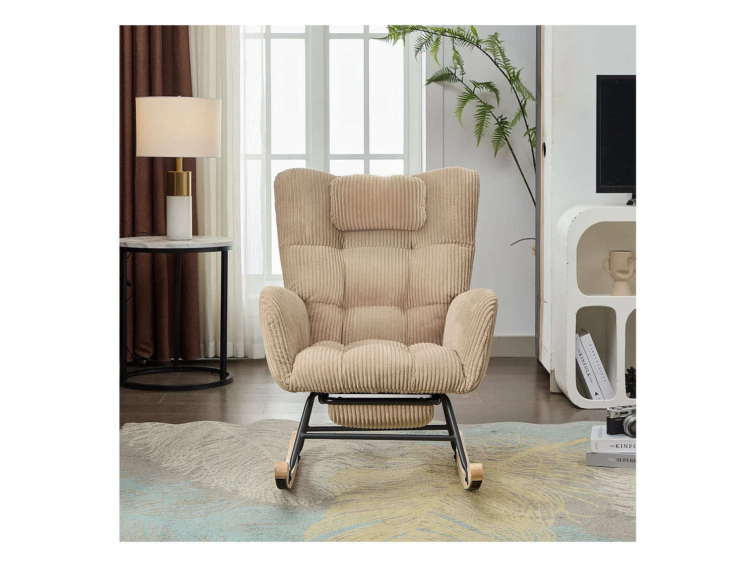 Fauteuil à bascule 102 x 65 x 92 cm - assise rembourrée - Dossier haut - avec coussin de nuque - Marron