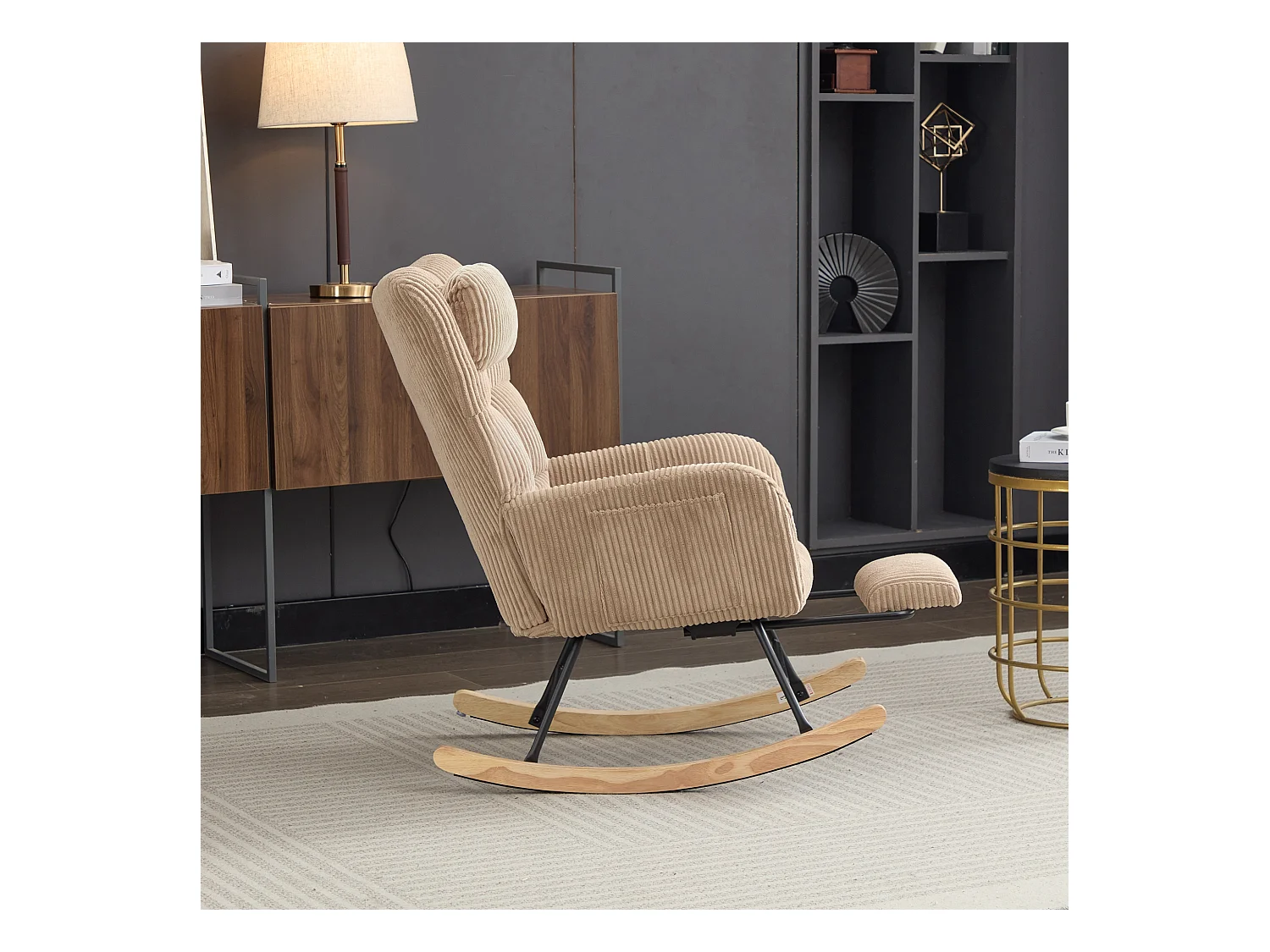 Fauteuil à bascule 102 x 65 x 92 cm - assise rembourrée - Dossier haut - avec coussin de nuque - Marron