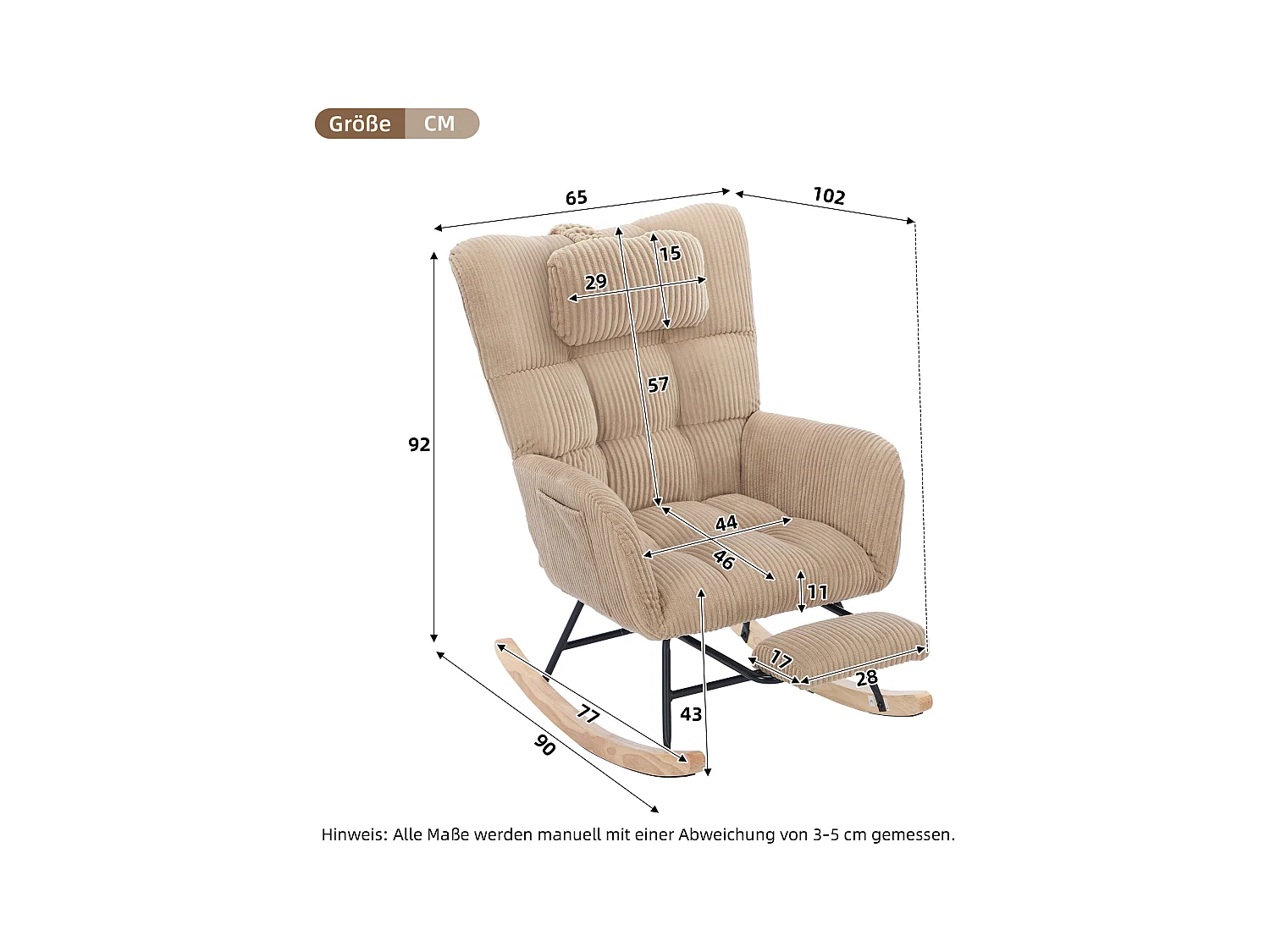 Fauteuil à bascule 102 x 65 x 92 cm - assise rembourrée - Dossier haut - avec coussin de nuque - Marron