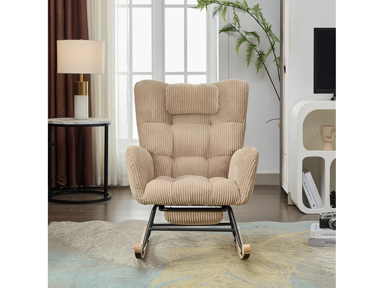 Fauteuil à bascule 102 x 65 x 92 cm - assise rembourrée - Dossier haut - avec coussin de nuque - Marron