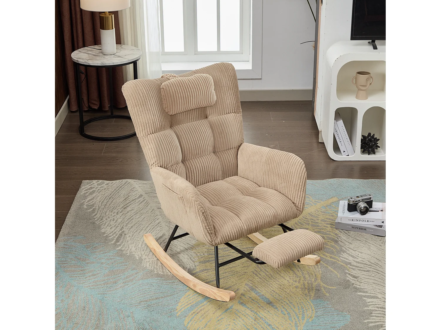 Fauteuil à bascule 102 x 65 x 92 cm - assise rembourrée - Dossier haut - avec coussin de nuque - Marron