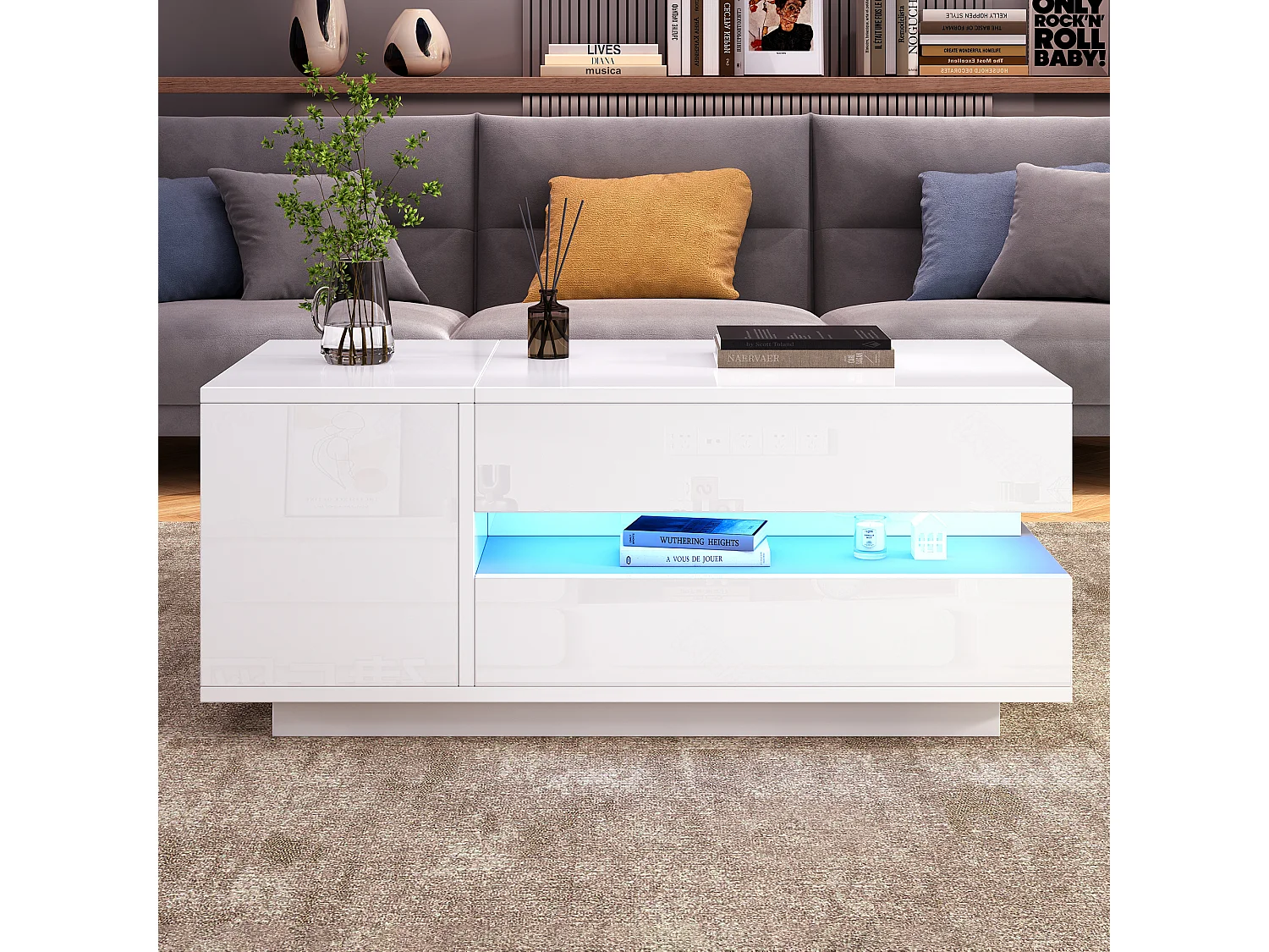 Table basse relevable 95x50x40 cm - Finition brillante - 1 tiroir et 1 porte - Éclairage LED - Blanc