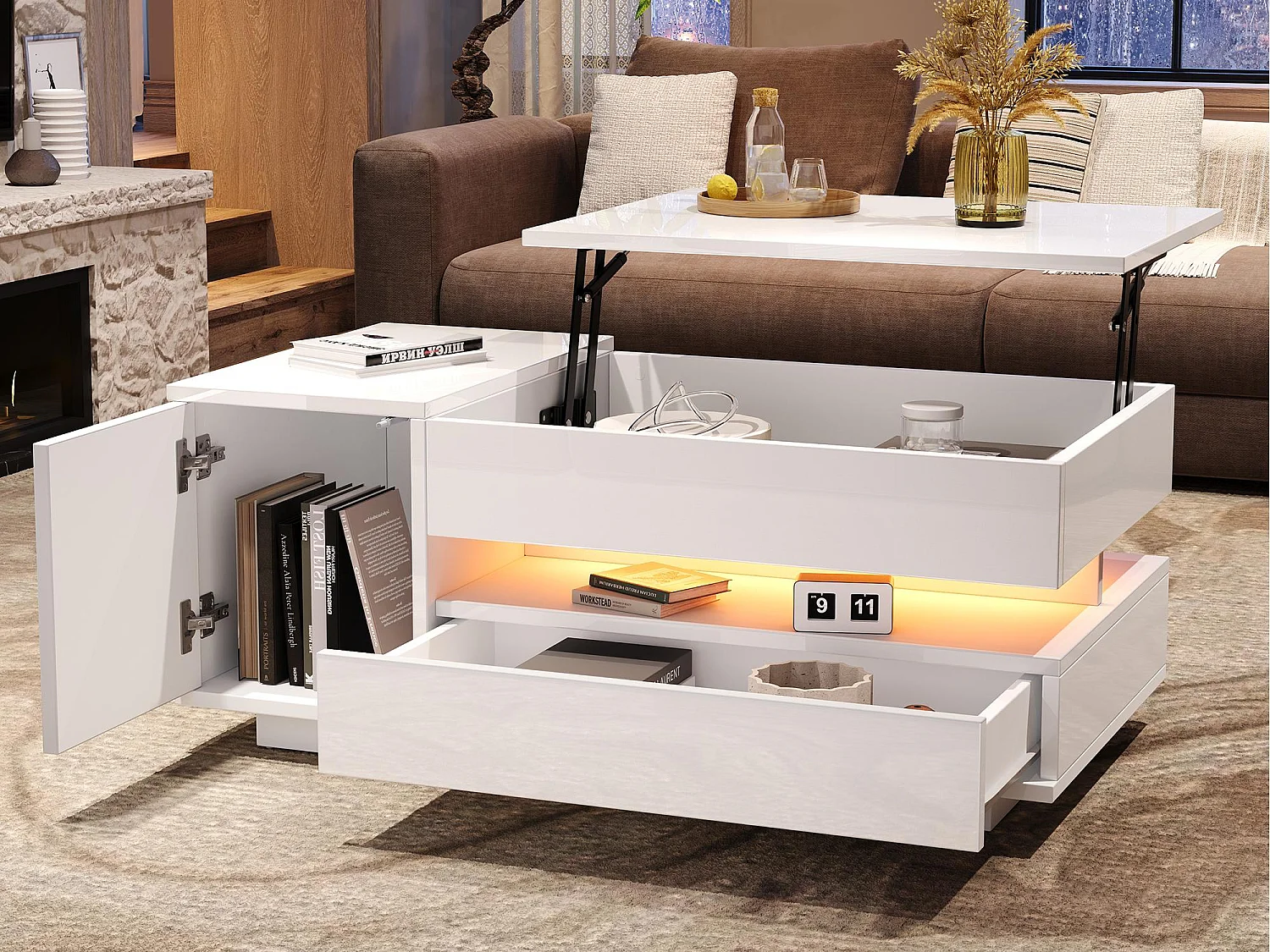 Table basse relevable 95x50x40 cm - Finition brillante - 1 tiroir et 1 porte - Éclairage LED - Blanc