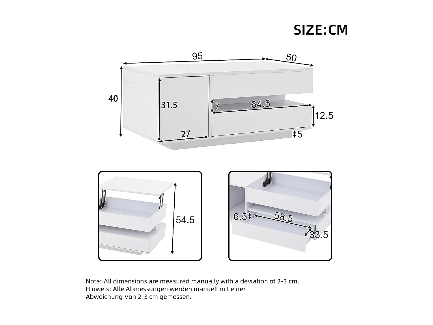 Table basse relevable 95x50x40 cm - Finition brillante - 1 tiroir et 1 porte - Éclairage LED - Blanc