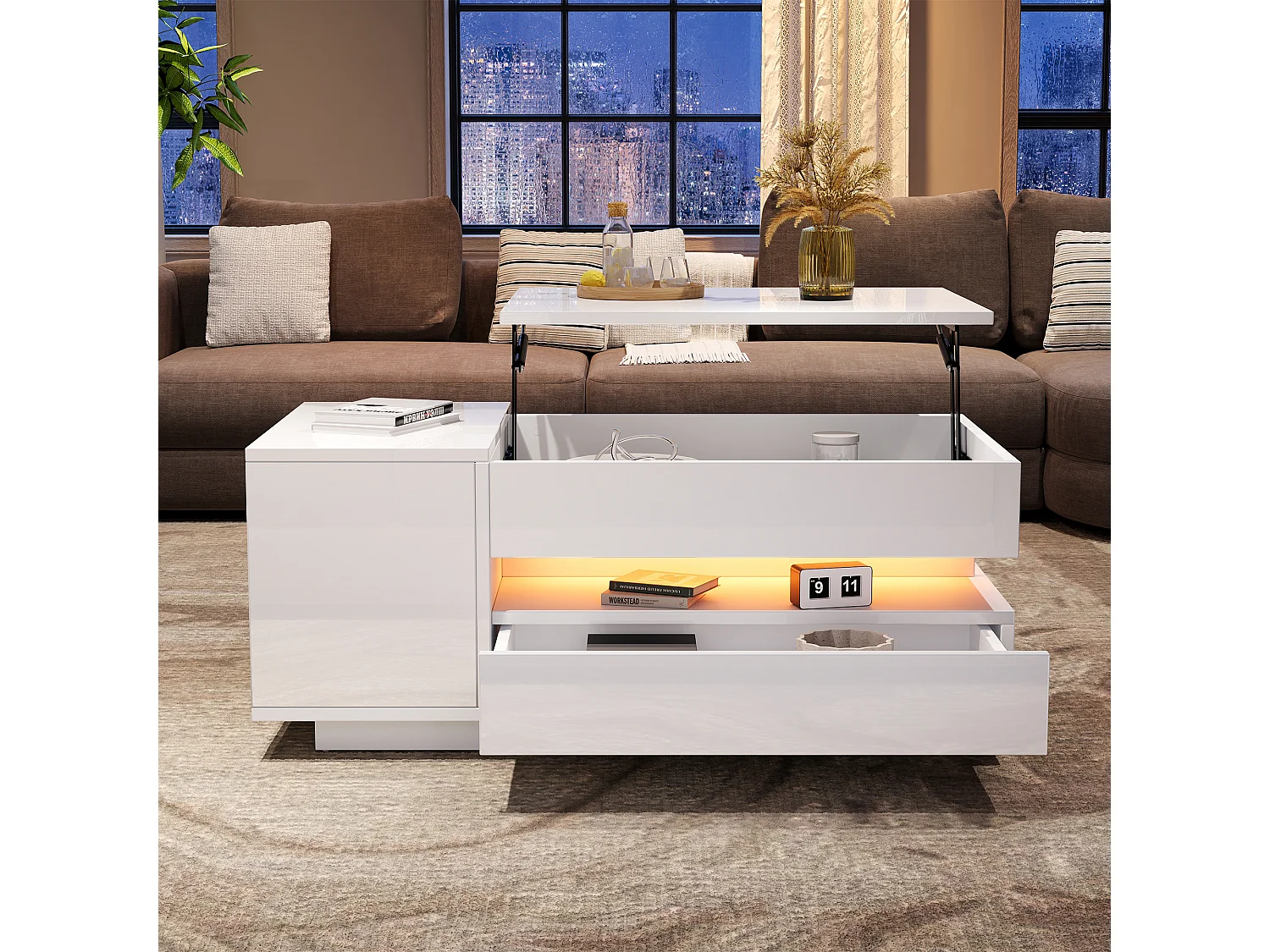 Table basse relevable 95x50x40 cm - Finition brillante - 1 tiroir et 1 porte - Éclairage LED - Blanc