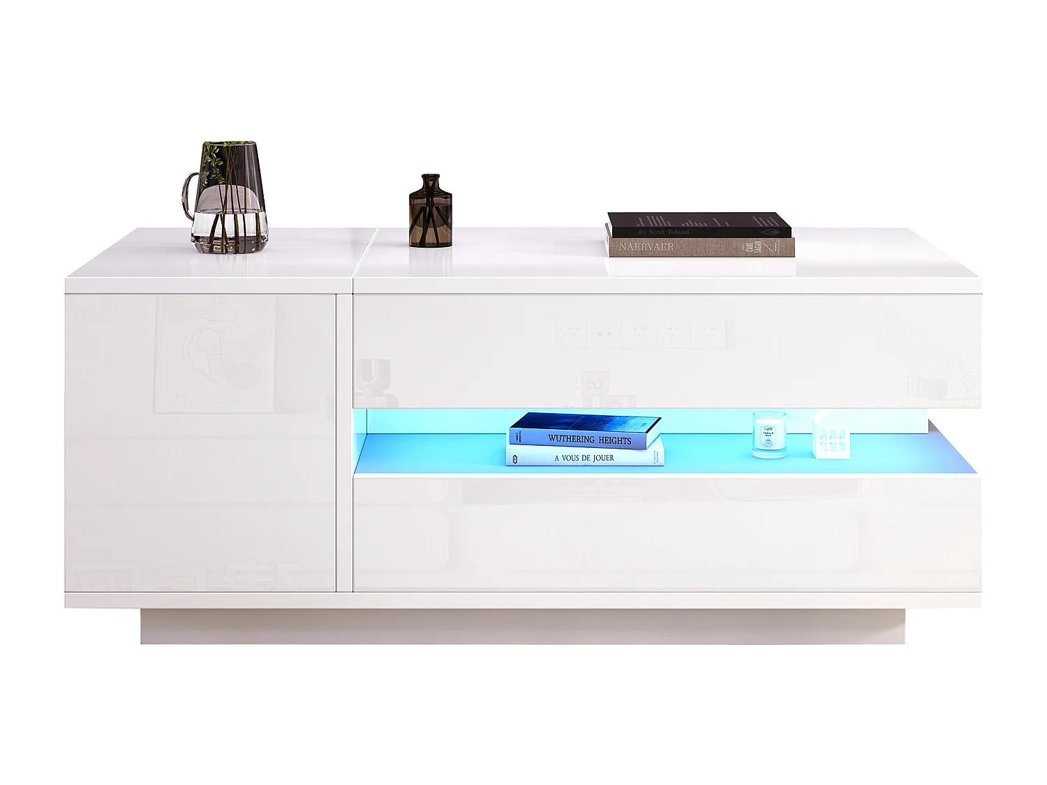 Table basse relevable 95x50x40 cm - Finition brillante - 1 tiroir et 1 porte - Éclairage LED - Blanc