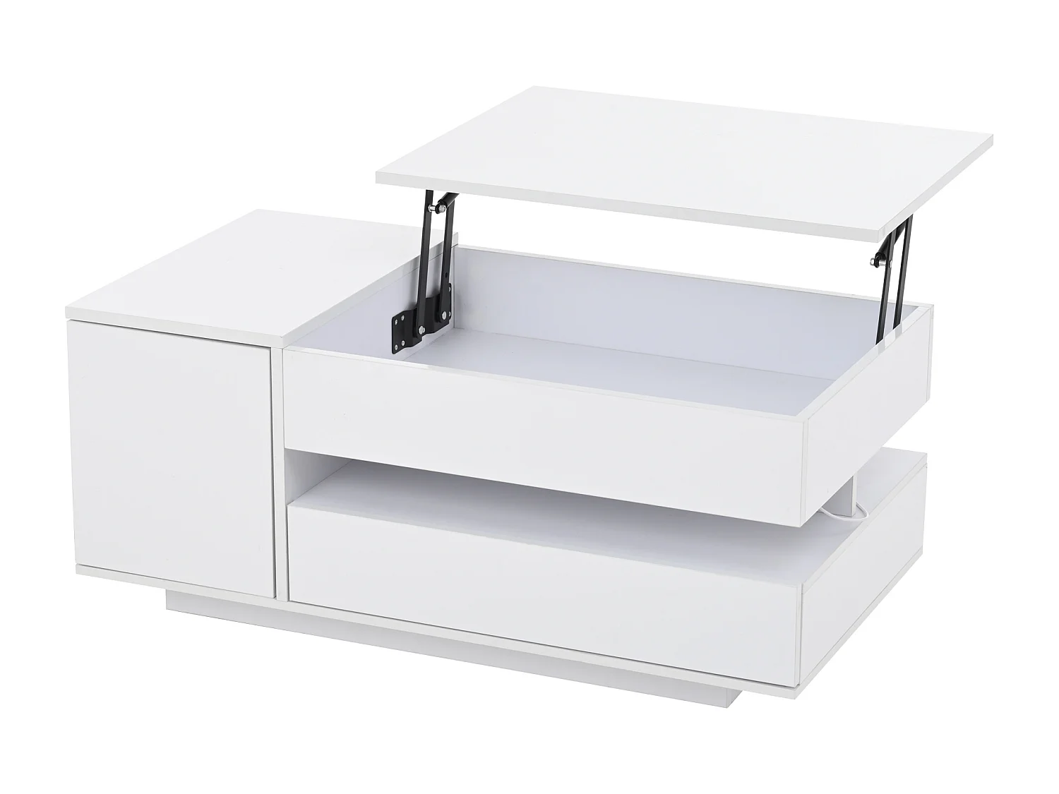 Table basse relevable 95x50x40 cm - Finition brillante - 1 tiroir et 1 porte - Éclairage LED - Blanc