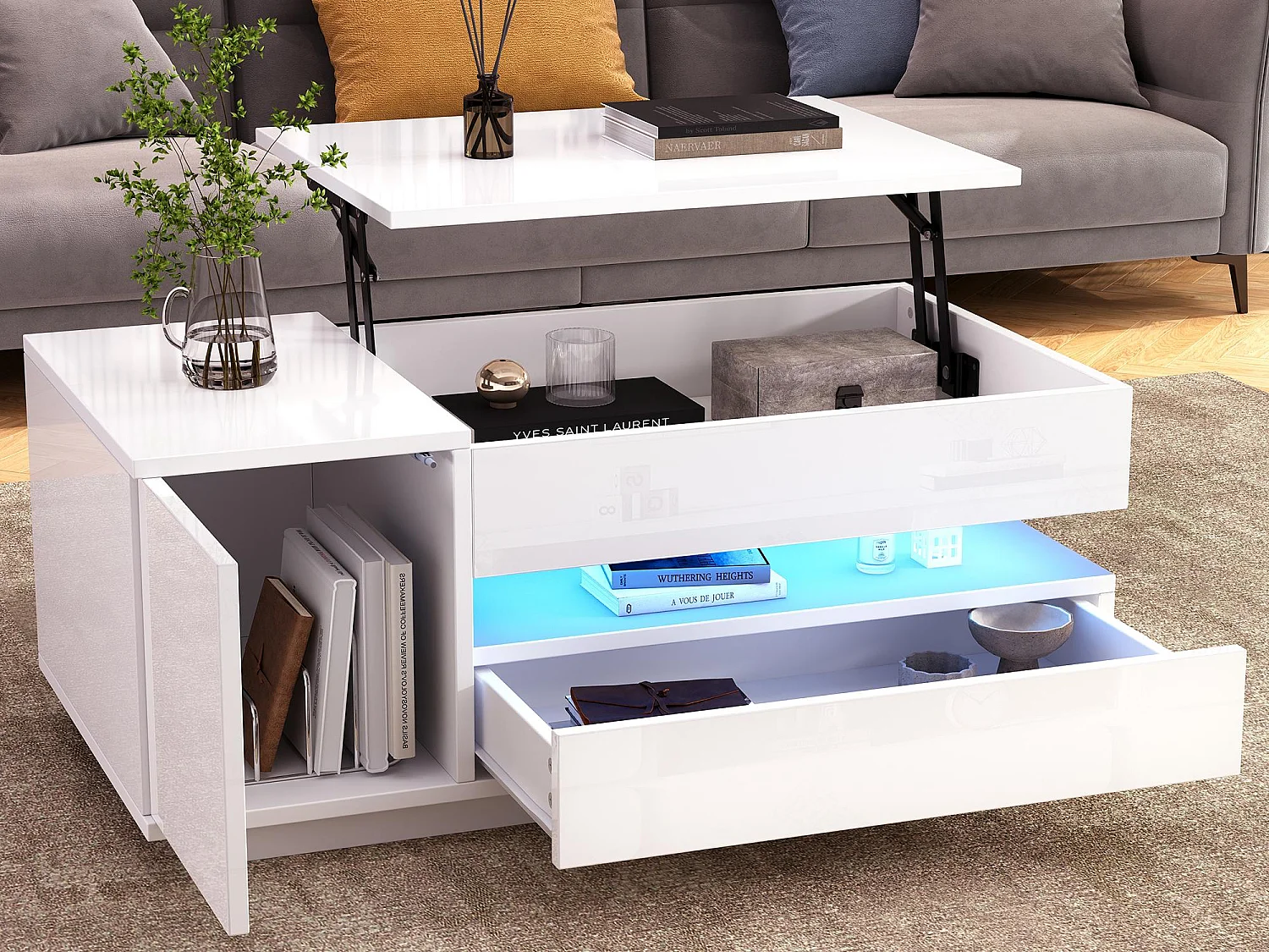 Table basse relevable 95x50x34.5 cm - Finition brillante - 1 tiroir et 1 porte - Éclairage LED - Blanc
