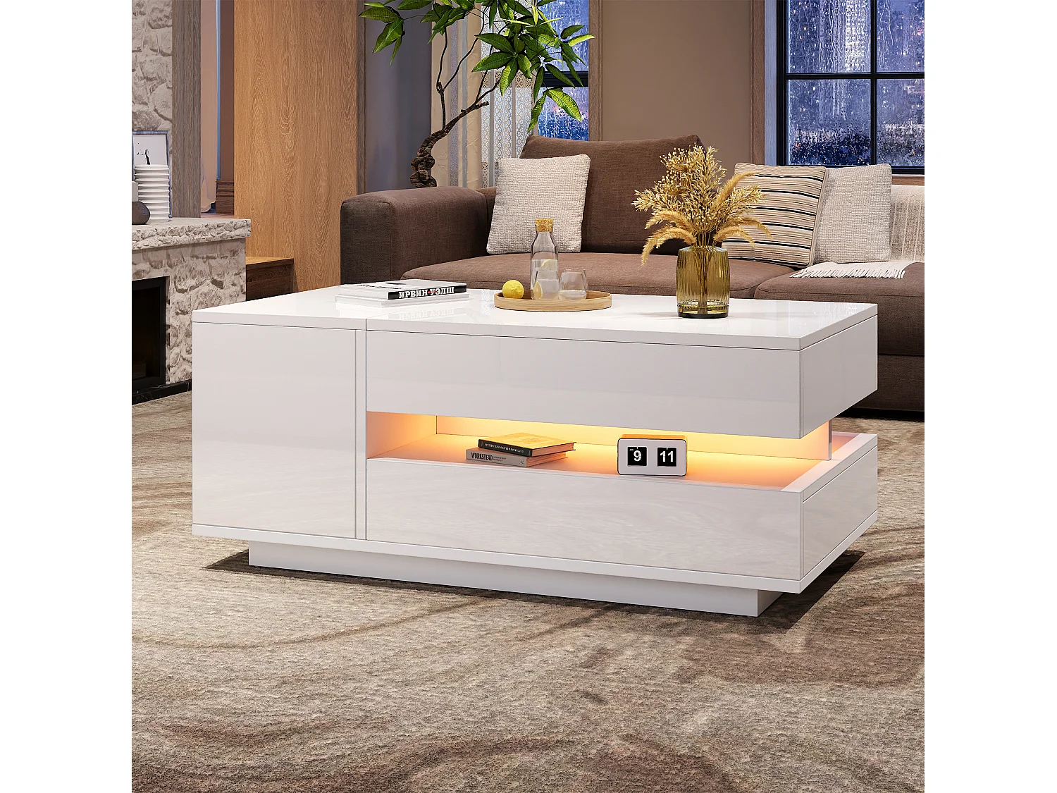 Table basse relevable 95x50x34.5 cm - Finition brillante - 1 tiroir et 1 porte - Éclairage LED - Blanc