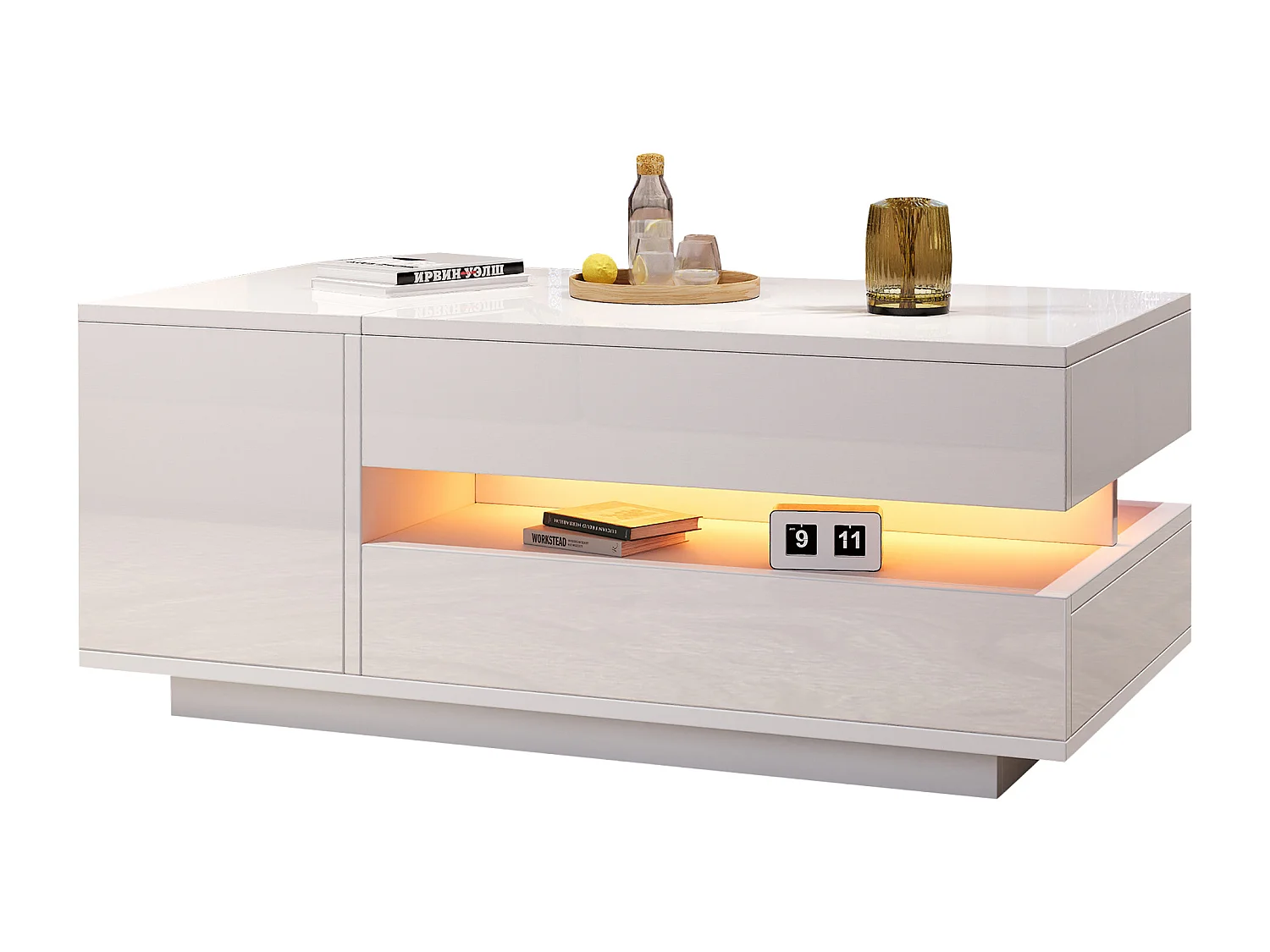 Table basse relevable 95x50x34.5 cm - Finition brillante - 1 tiroir et 1 porte - Éclairage LED - Blanc