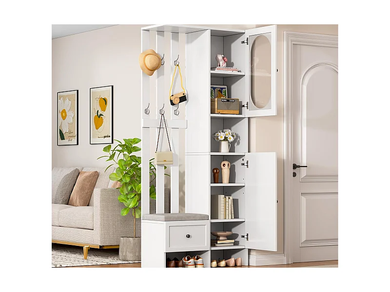 Eingangsgarderobenset 85×33,5×200 cm - 2 Türen und 1 Schublade - mit Schuhbank und Kissen - 6 Haken - Weiß