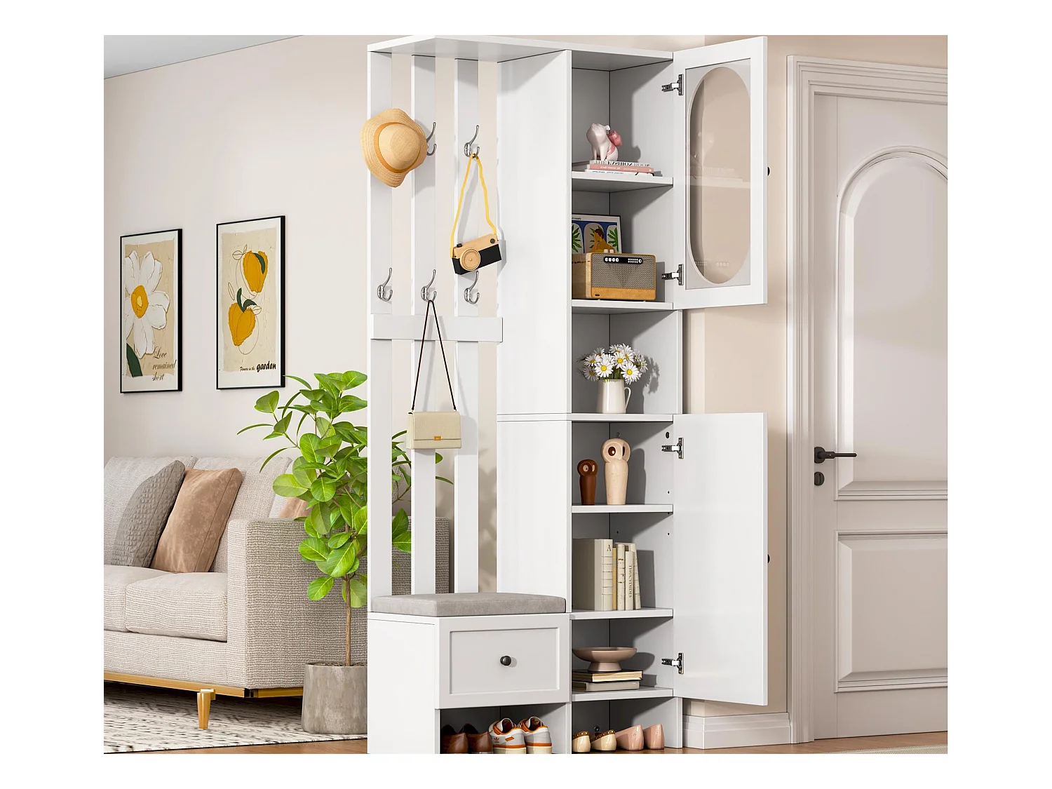 Ensemble vestiaire d'entrée 85x33.5x200 cm - 2 portes et 1 tiroir - avec banc à chaussures et coussin - 6 crochets - Blanc