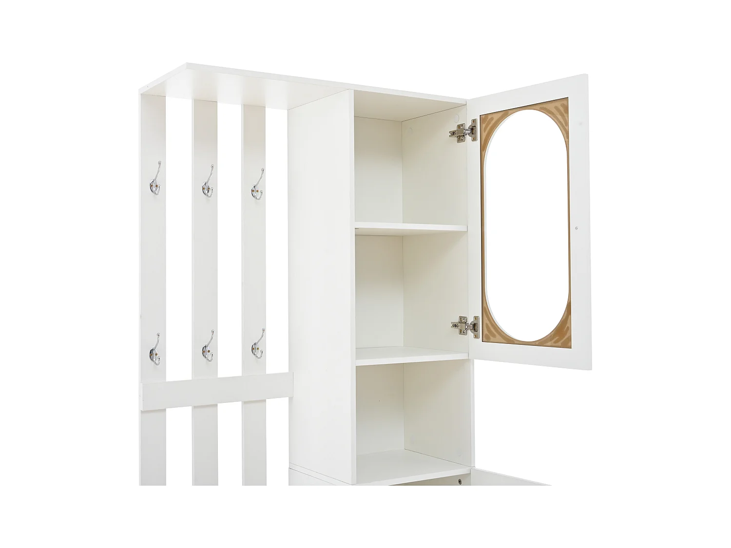 Ensemble vestiaire d'entrée 85x33.5x200 cm - 2 portes et 1 tiroir - avec banc à chaussures et coussin - 6 crochets - Blanc