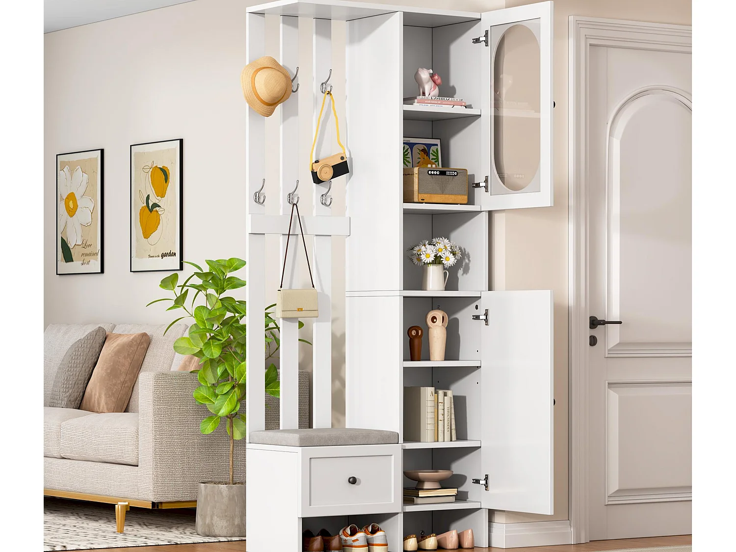 Conjunto de vestidor de entrada 85×33,5×200 cm - 2 puertas y 1 cajón - con banco para zapatos y cojín - 6 ganchos - Blanco