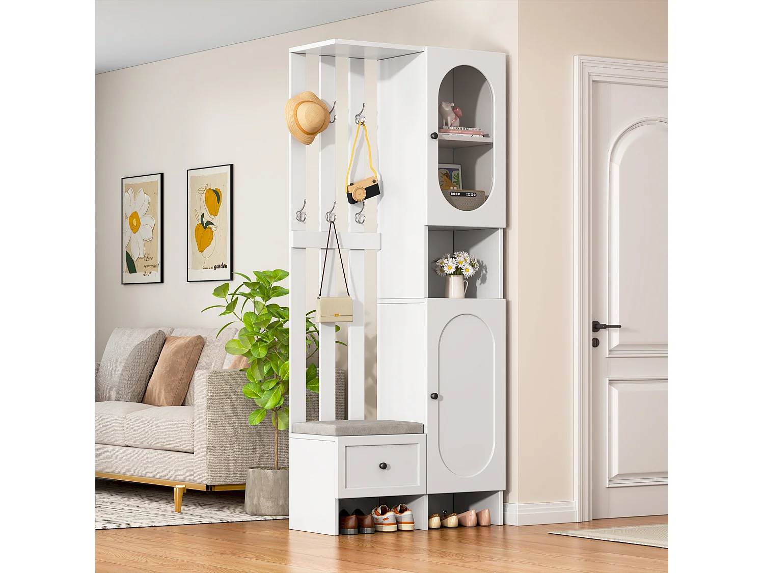 Conjunto de vestidor de entrada 85×33,5×200 cm - 2 puertas y 1 cajón - con banco para zapatos y cojín - 6 ganchos - Blanco