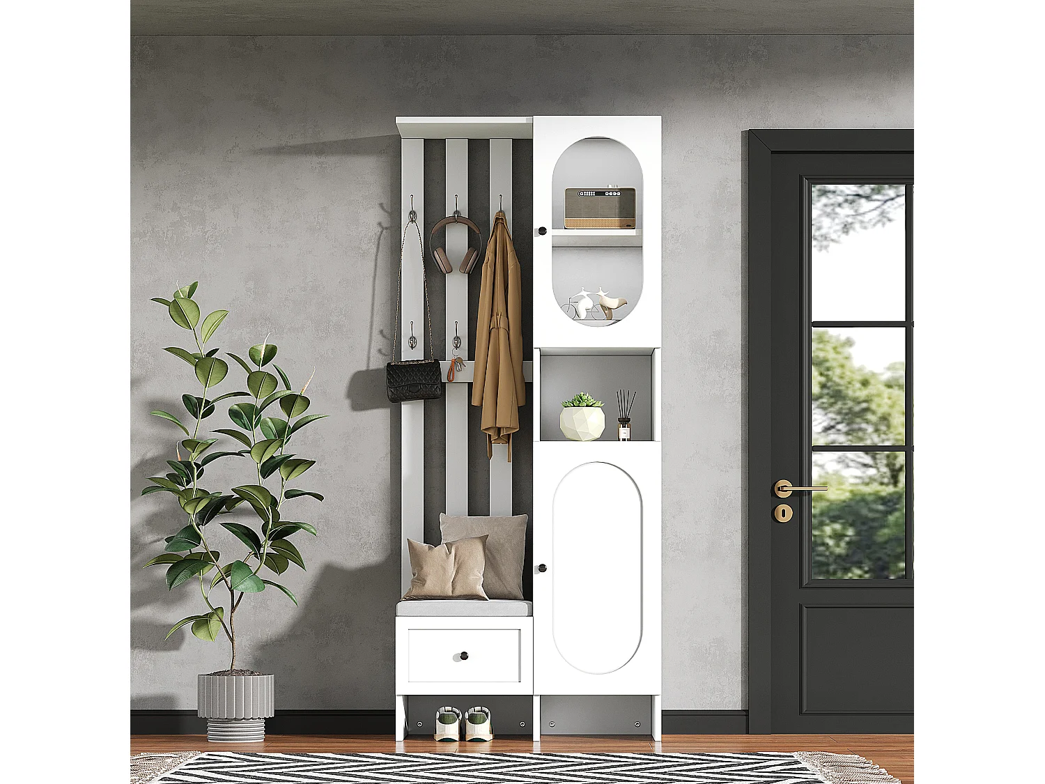 Conjunto de vestidor de entrada 85×33,5×200 cm - 2 puertas y 1 cajón - con banco para zapatos y cojín - 6 ganchos - Blanco