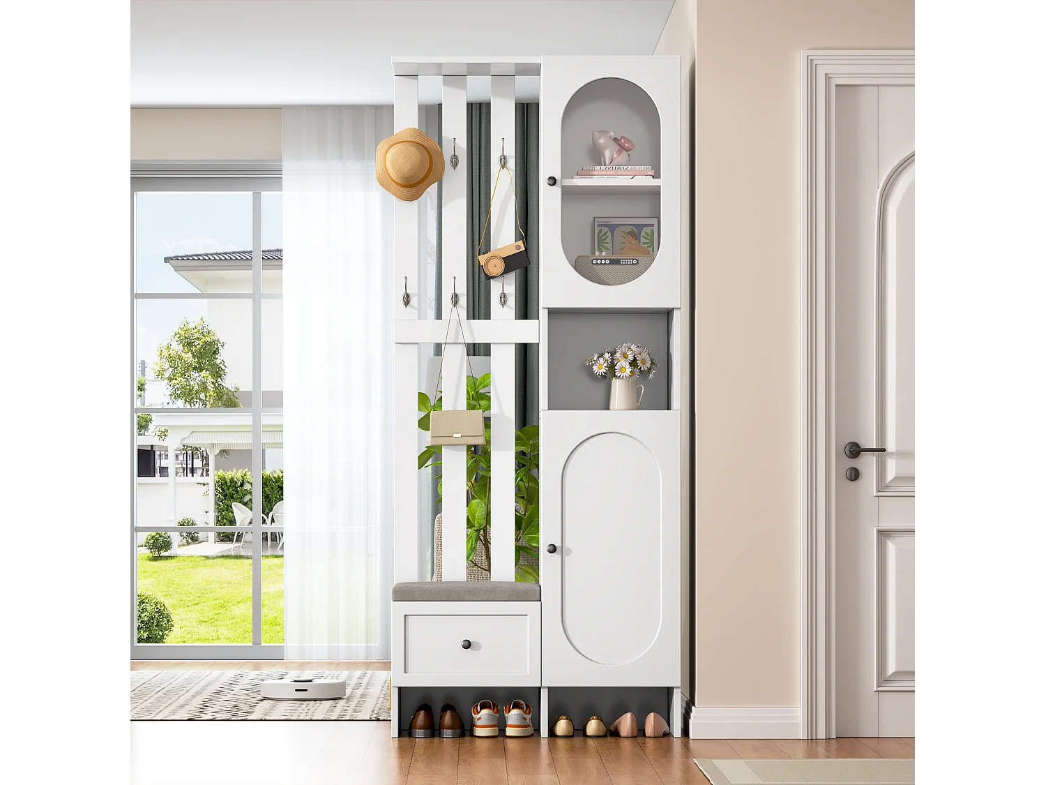 Conjunto de vestidor de entrada 85×33,5×200 cm - 2 puertas y 1 cajón - con banco para zapatos y cojín - 6 ganchos - Blanco