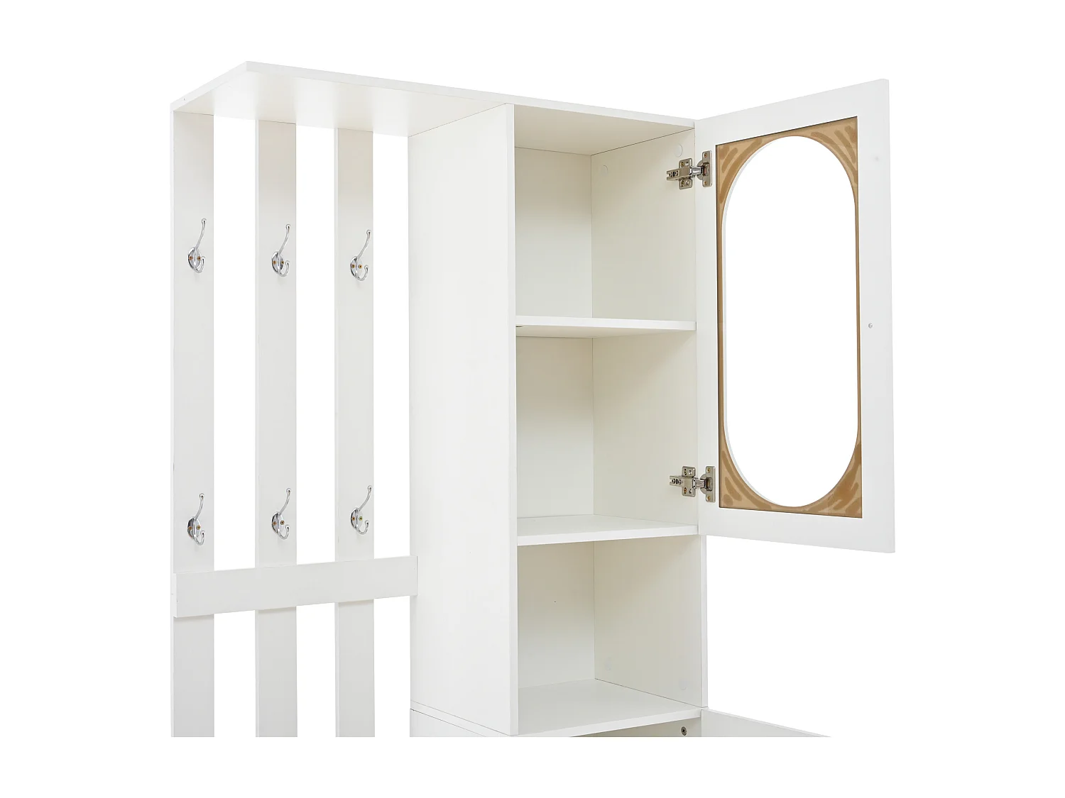 Conjunto de vestidor de entrada 85×33,5×200 cm - 2 puertas y 1 cajón - con banco para zapatos y cojín - 6 ganchos - Blanco