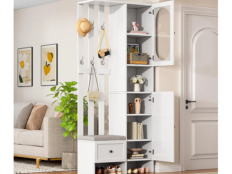 Ensemble vestiaire d'entrée 85x33.5x200 cm - 2 portes et 1 tiroir - avec banc à chaussures et coussin - 6 crochets - Blanc